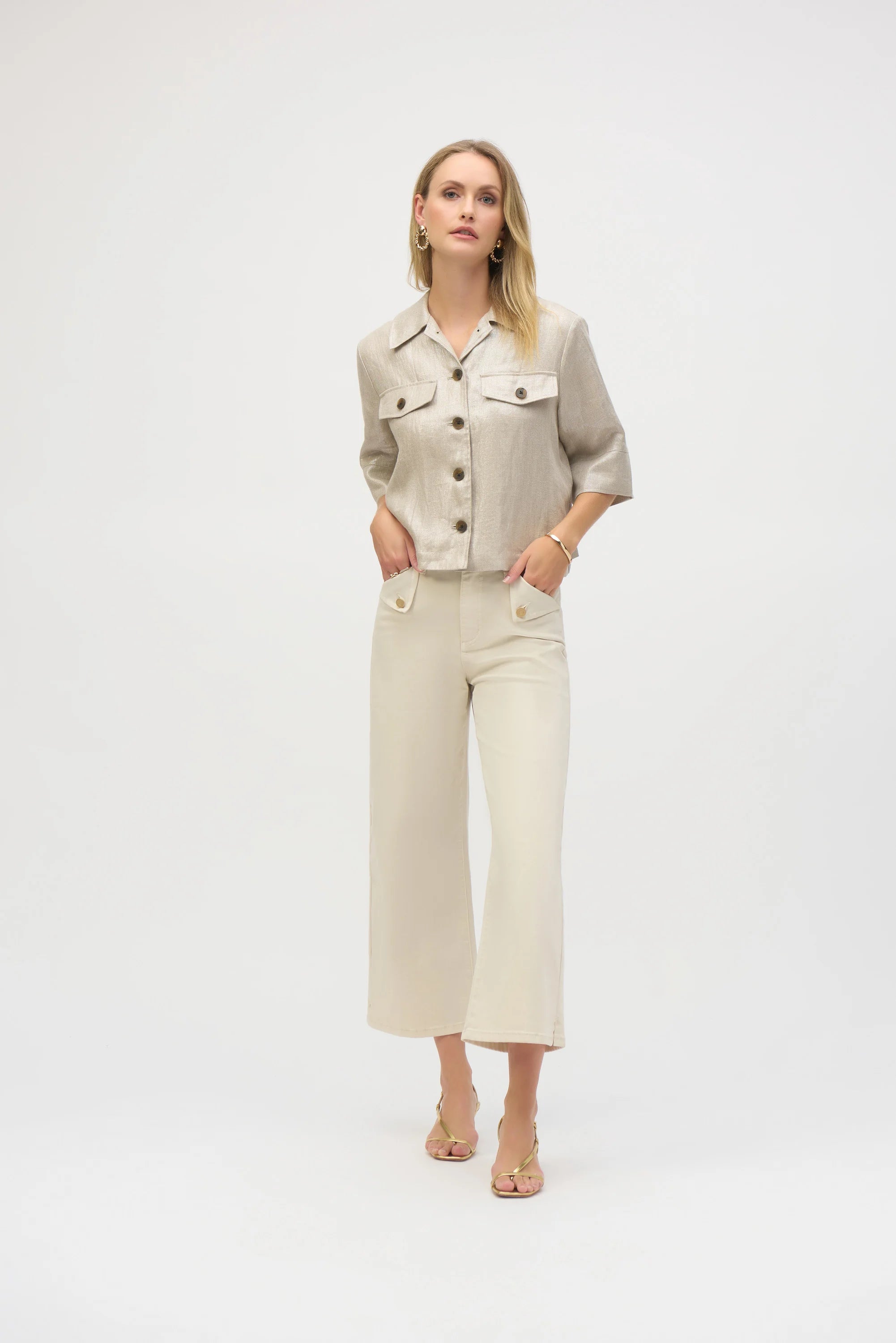 Foiled Linen Blend Short Sleeve Boxy Jacket (252921)