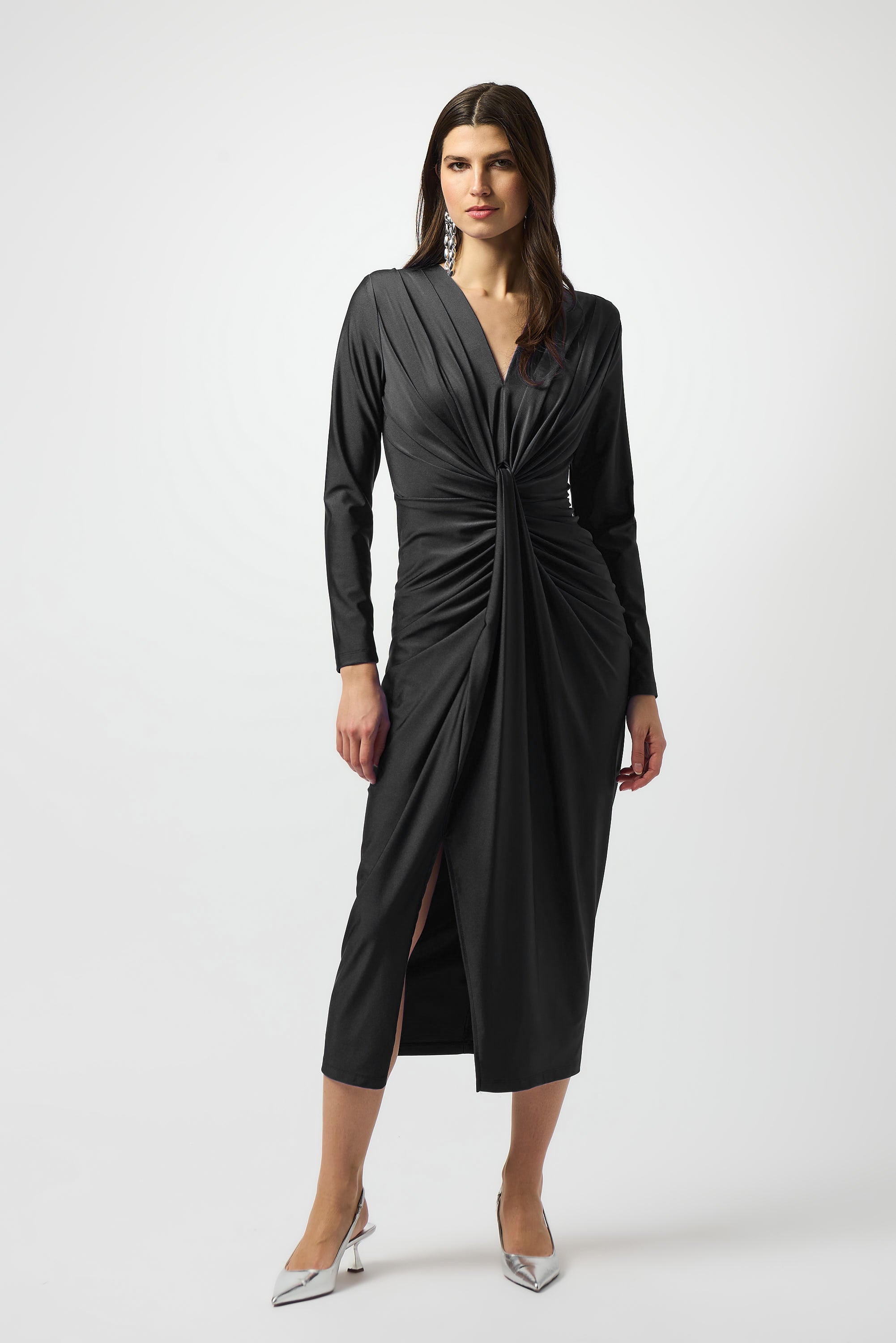 Satin Effect Knit Draped V-Neck Sheath Dress (JR1139)