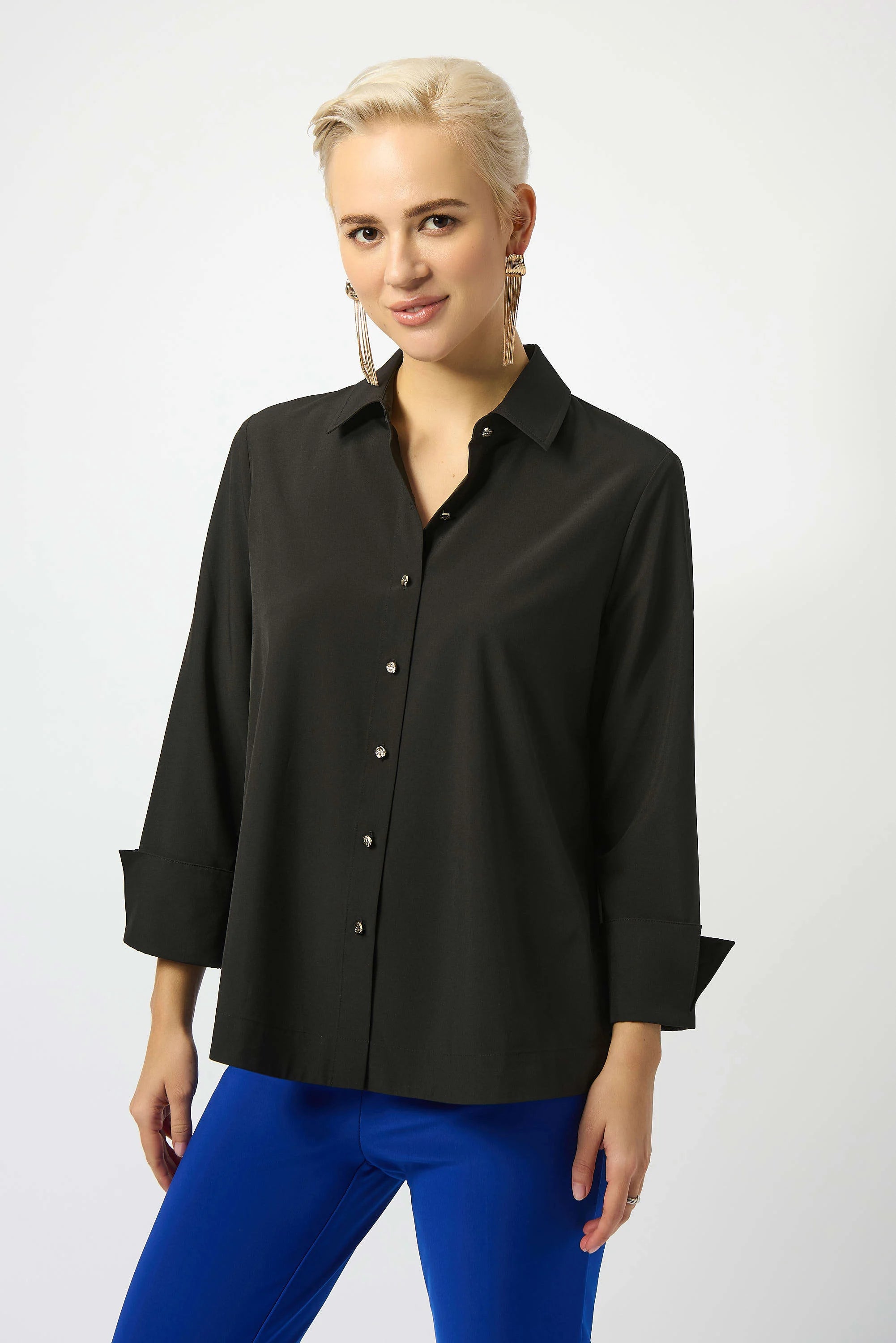 Stretch Poplin Button-Front Blouse with Zipper Accent (253923)
