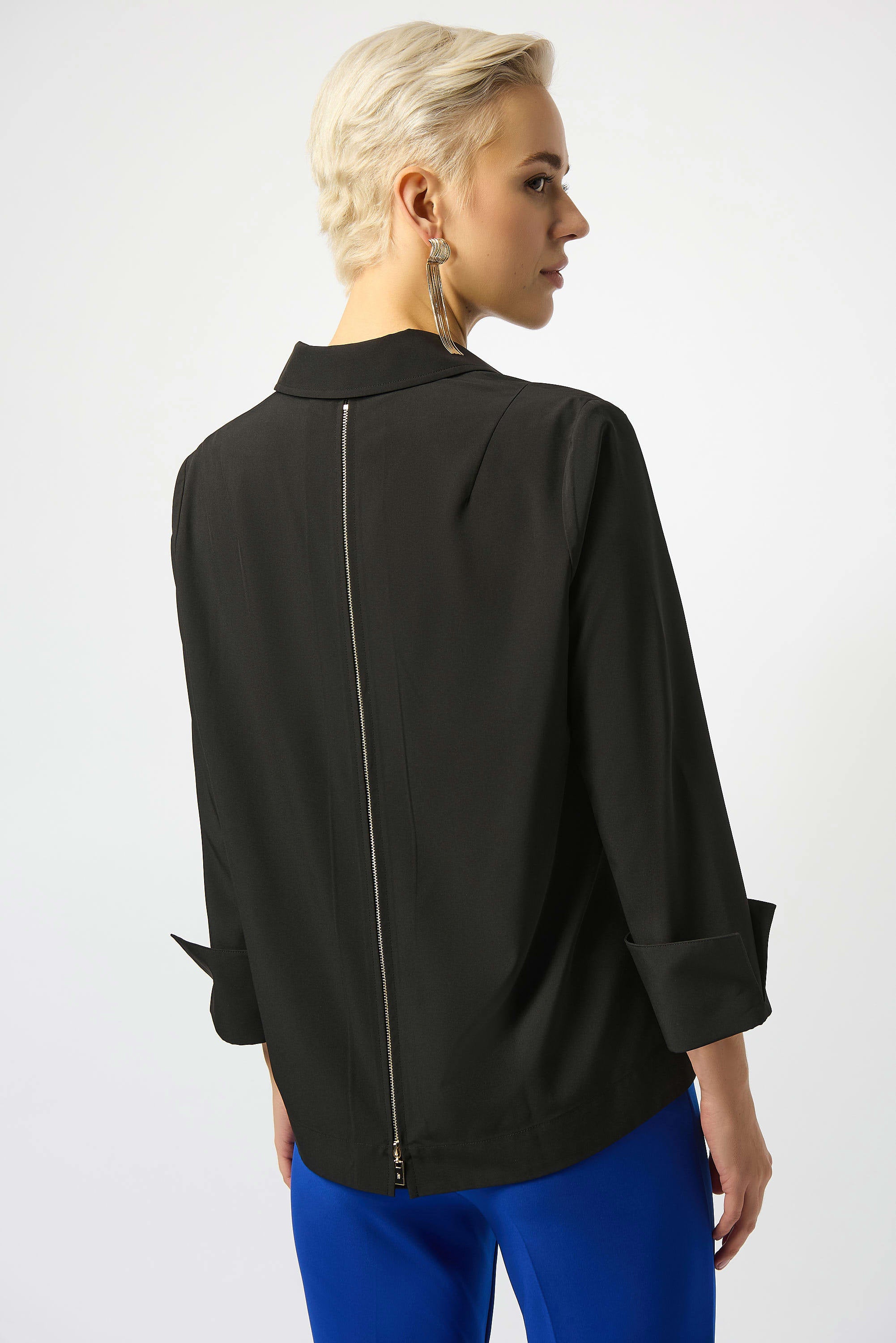 Stretch Poplin Button-Front Blouse with Zipper Accent (253923)