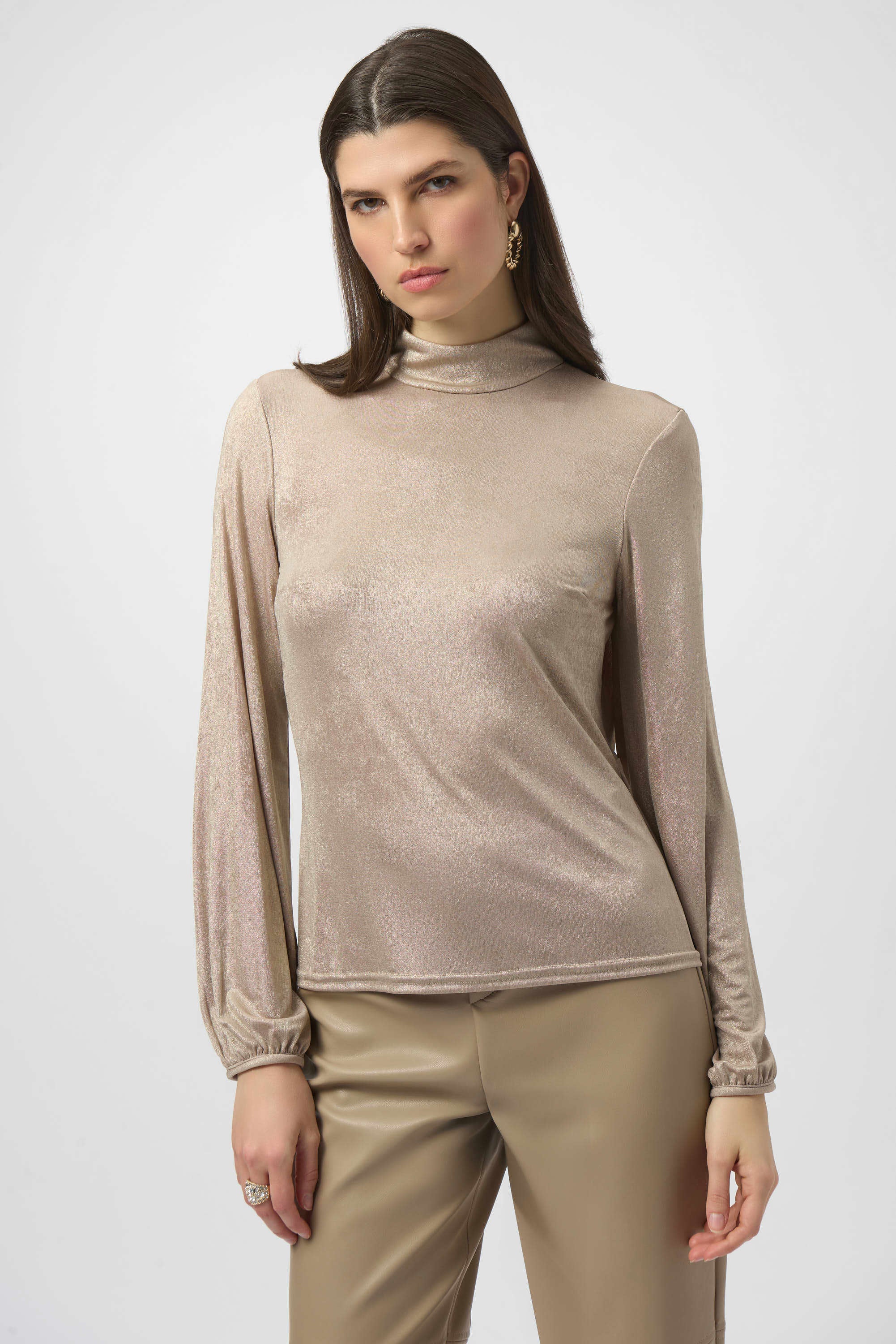 Foiled Knit Mock Neck Fitted Top (254027)