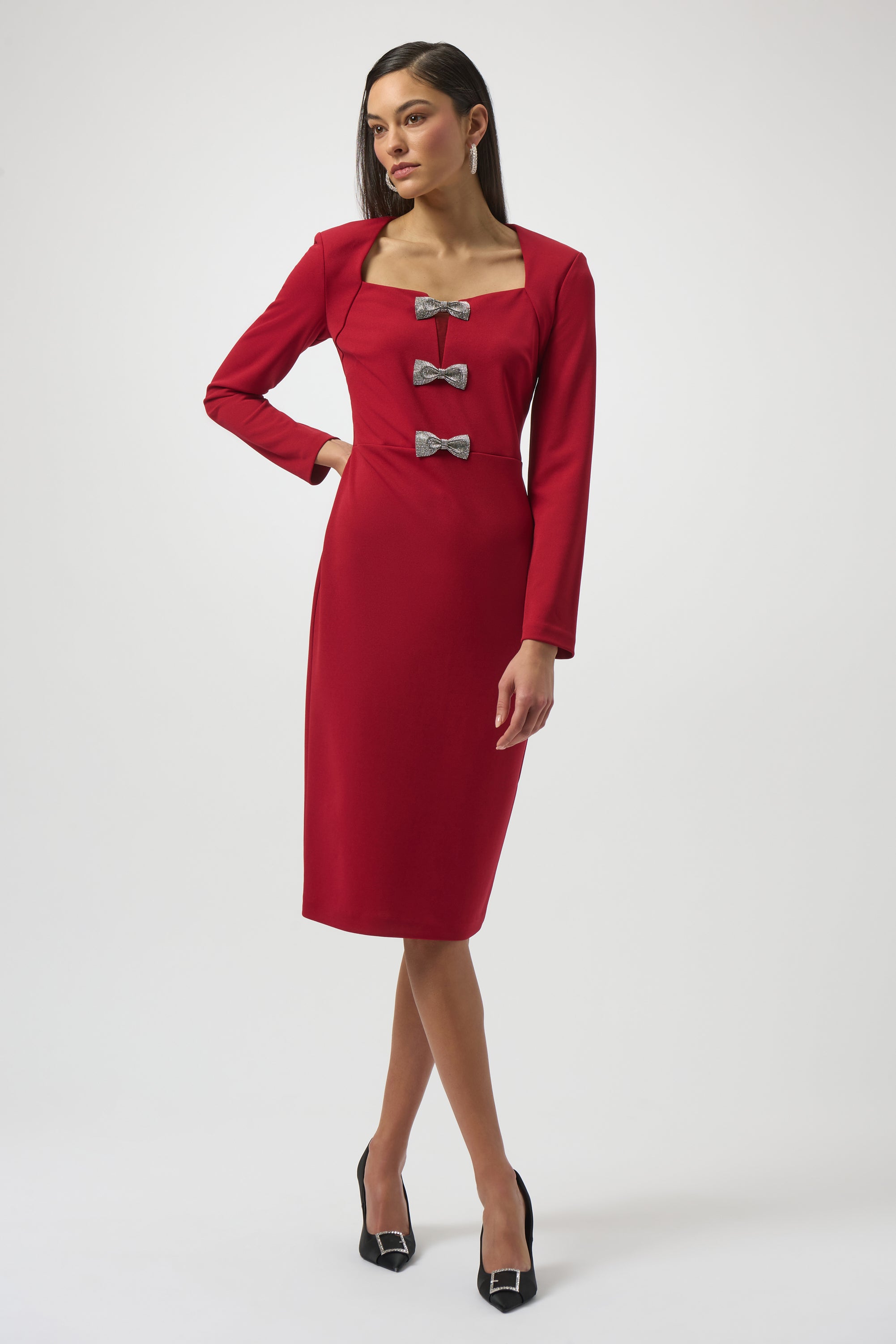 Scuba Crepe Sheath Dress With Rhinestone Bows (254053)