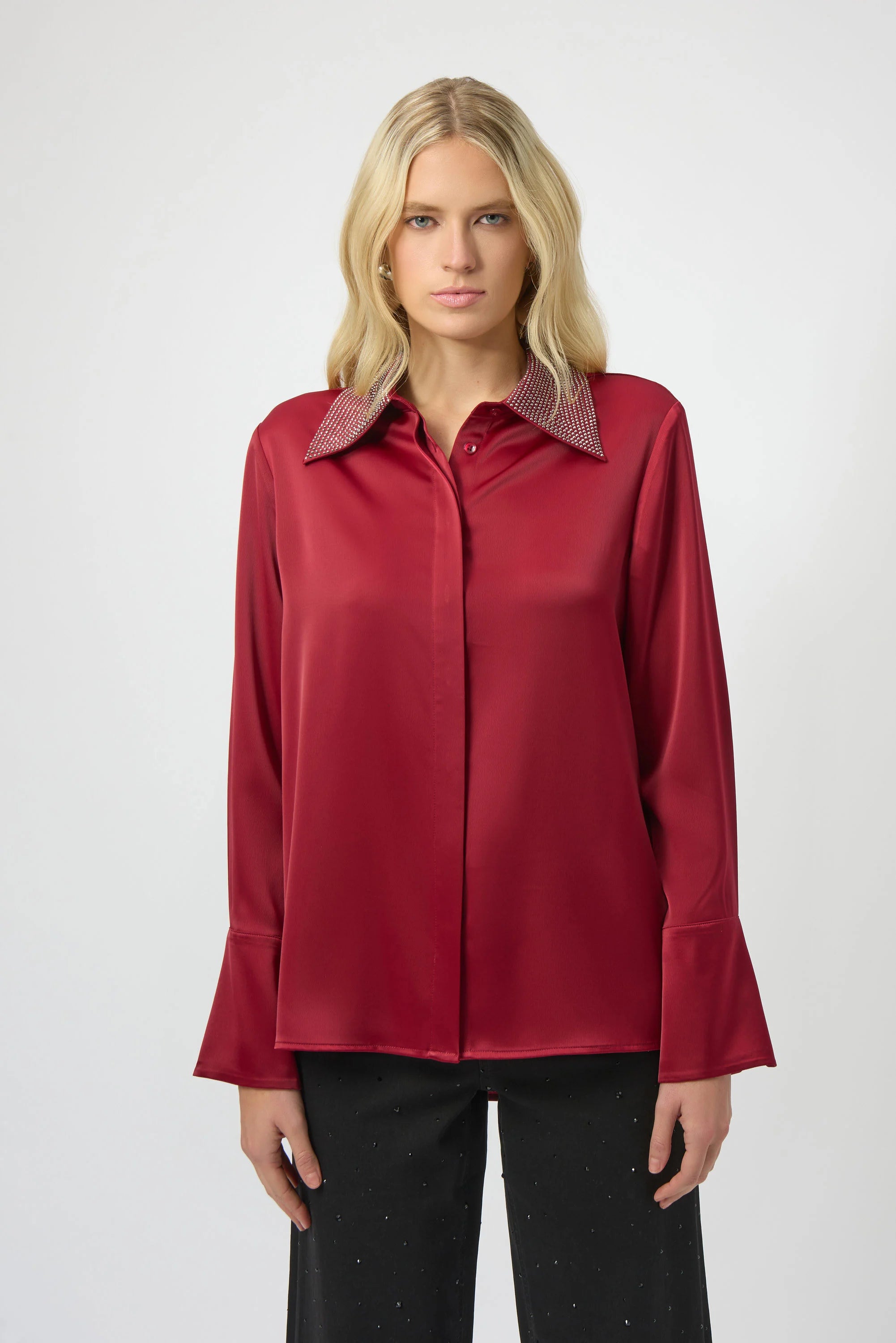 Satin Button-Front Blouse with Embellished Collar (254926)
