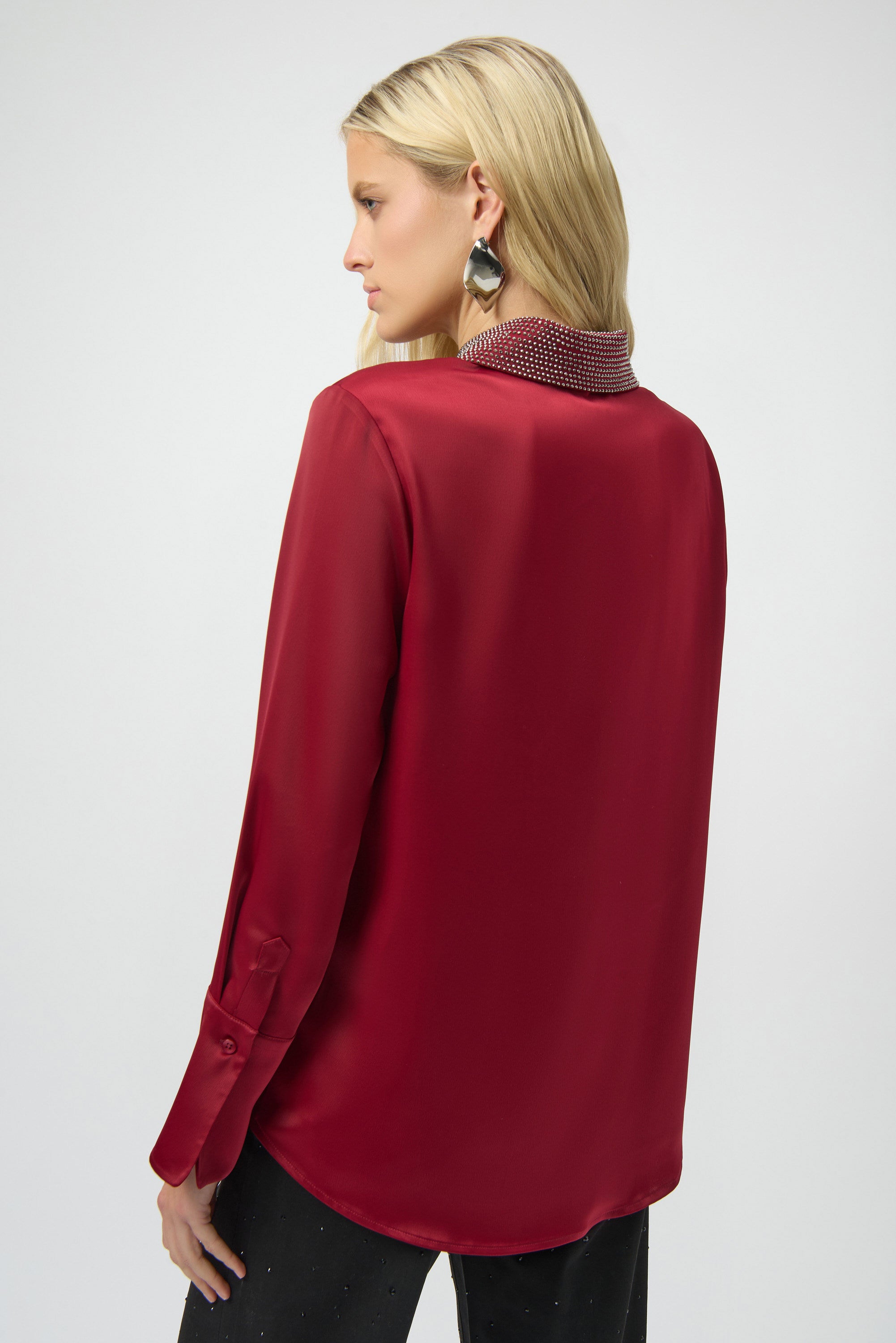 Satin Button-Front Blouse with Embellished Collar (254926)