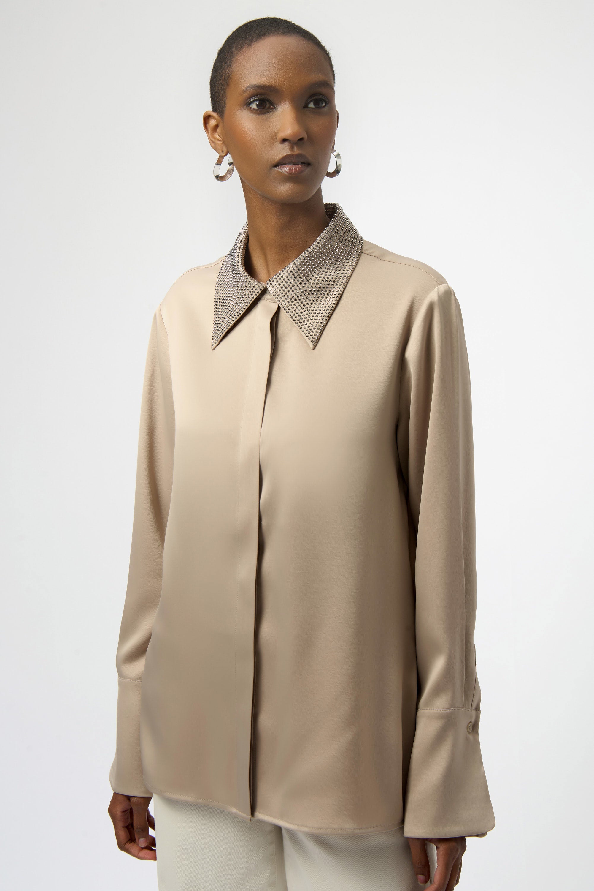 Satin Button-Front Blouse with Embellished Collar (254926)