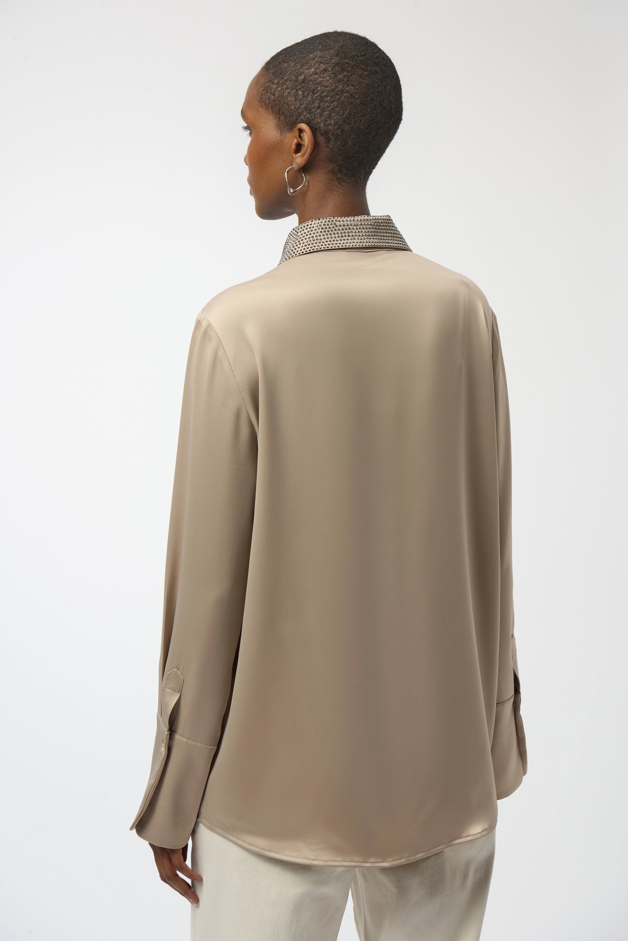 Satin Button-Front Blouse with Embellished Collar (254926)