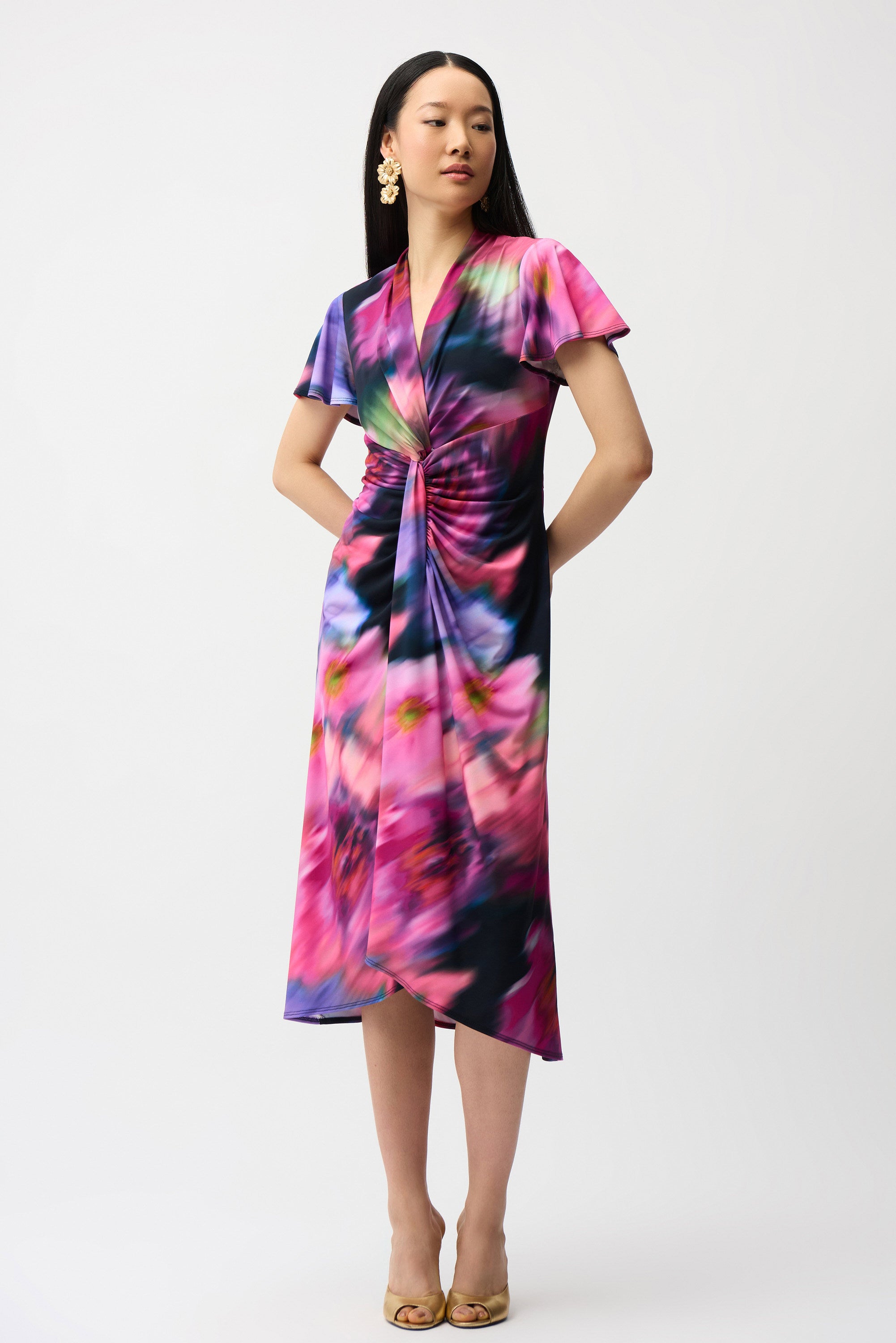 Silky Knit Floral Print High-Low Wrap Dress (261060)