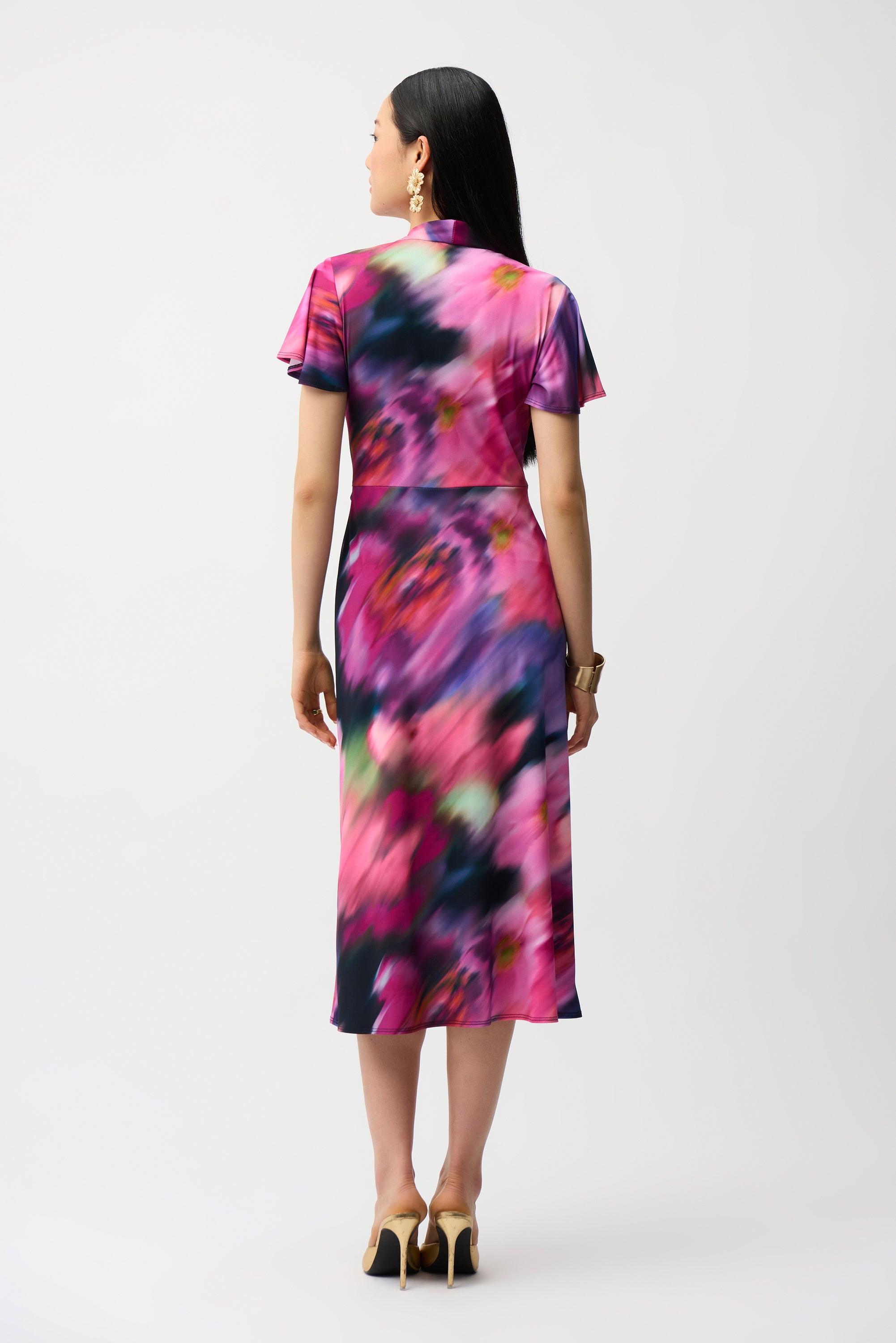 Silky Knit Floral Print High-Low Wrap Dress (261060)