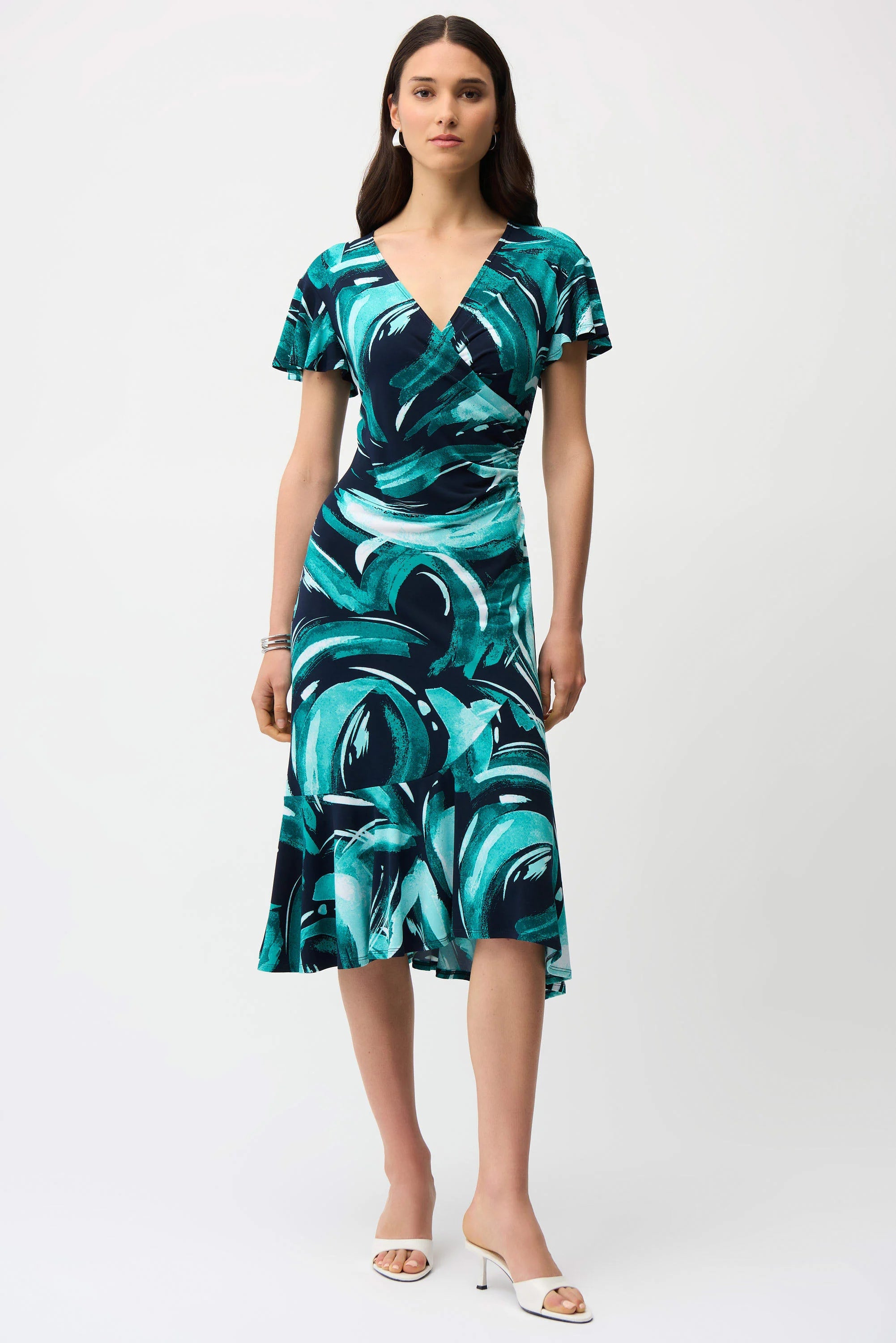 Silky Knit Abstract Print Fit and Flare Wrap Dress (261063)