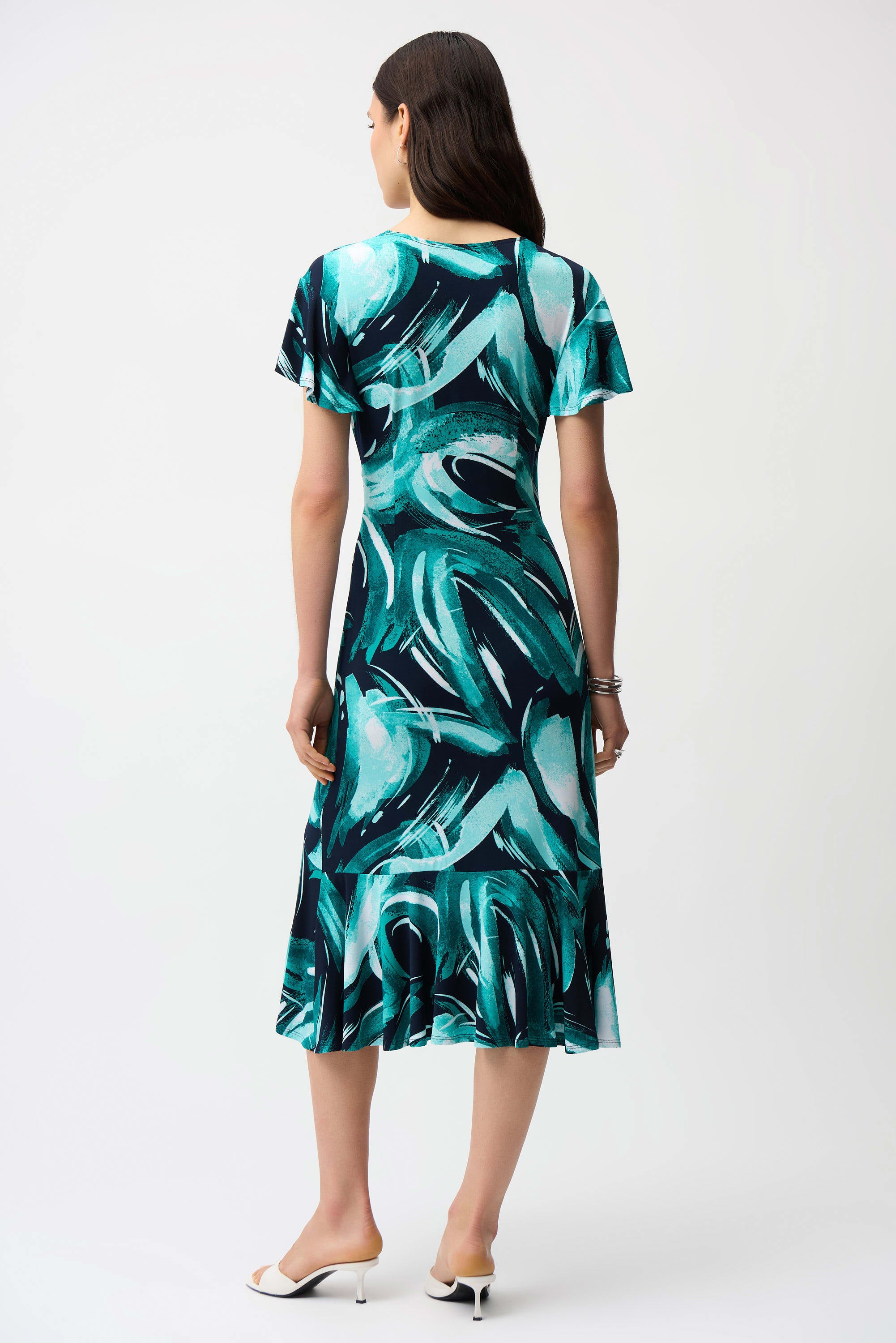 Silky Knit Abstract Print Fit and Flare Wrap Dress (261063)