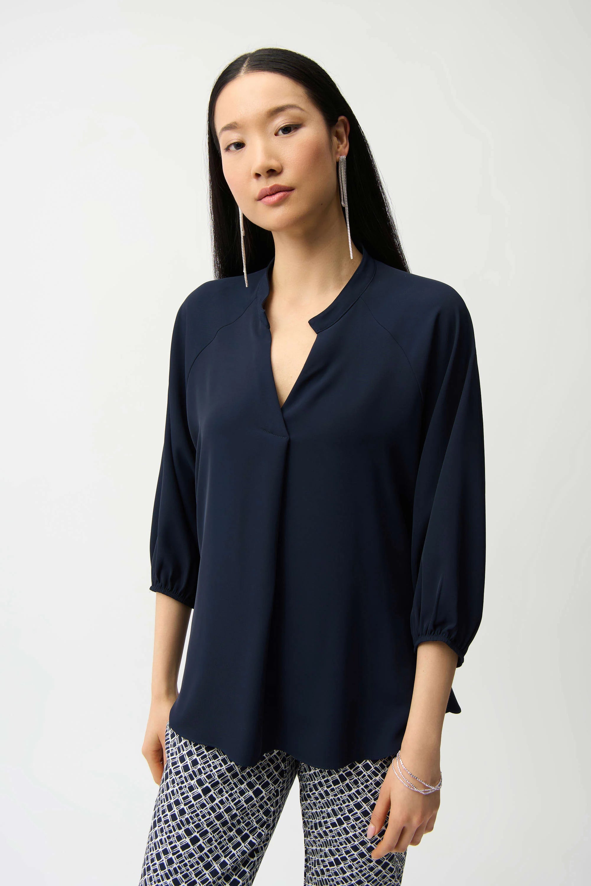 Woven Twill Boxy Top With Mandarin Collar (261076)