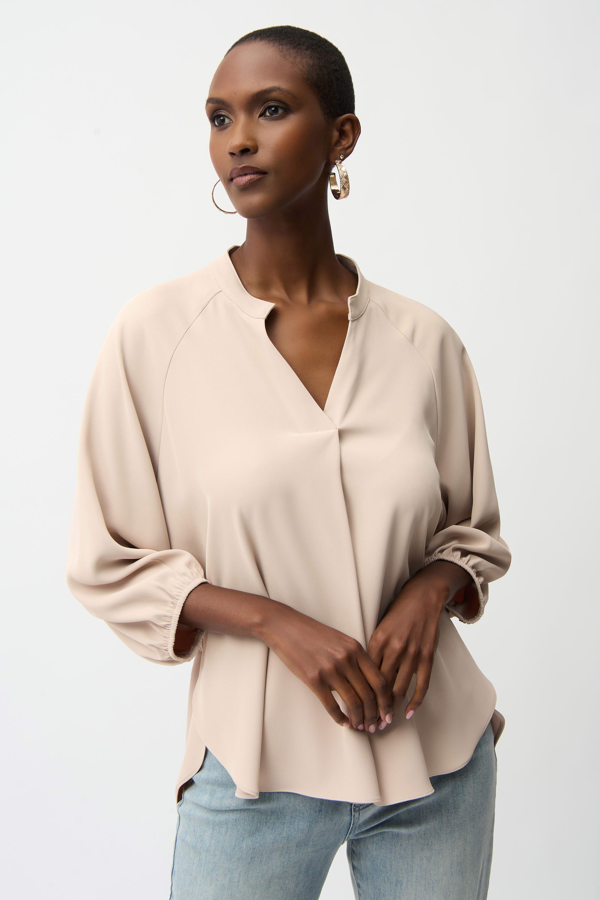Woven Twill Boxy Top With Mandarin Collar (261076)
