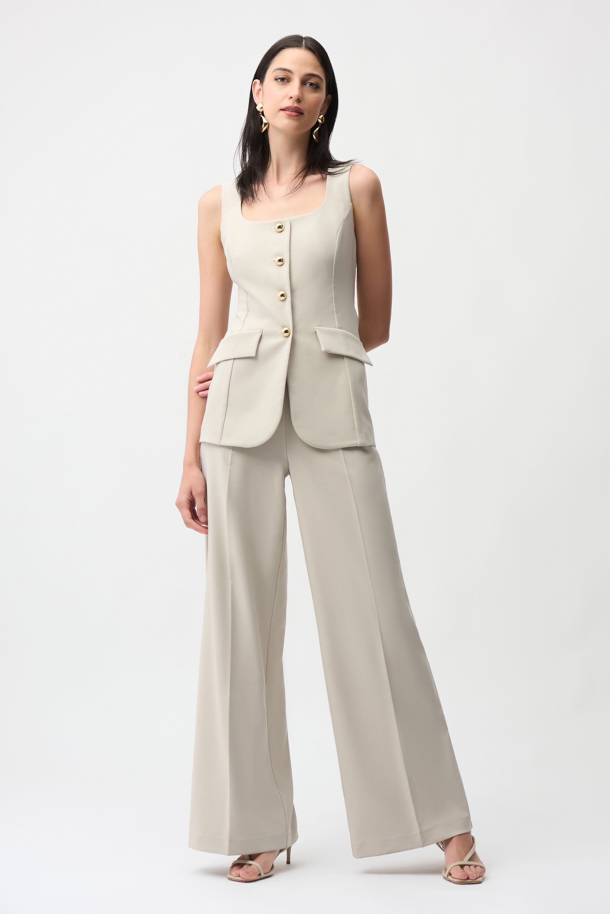 Lux Twill Wide-Leg Pantsuit-Style Jumpsuit (261214)
