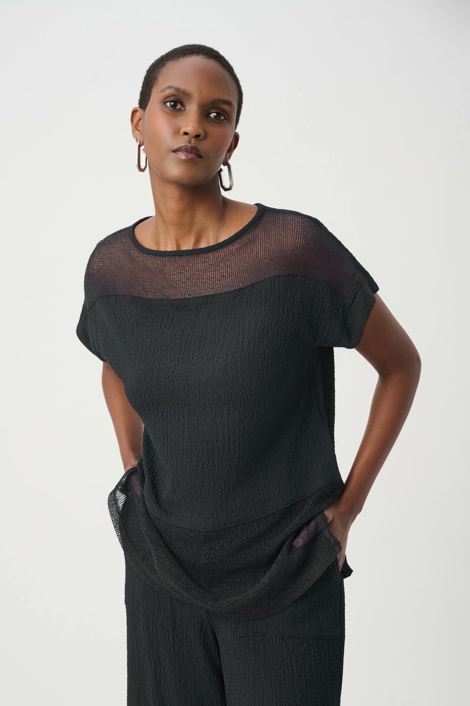 Seersucker and Mesh Boxy Top With Boat Neckline (261247)