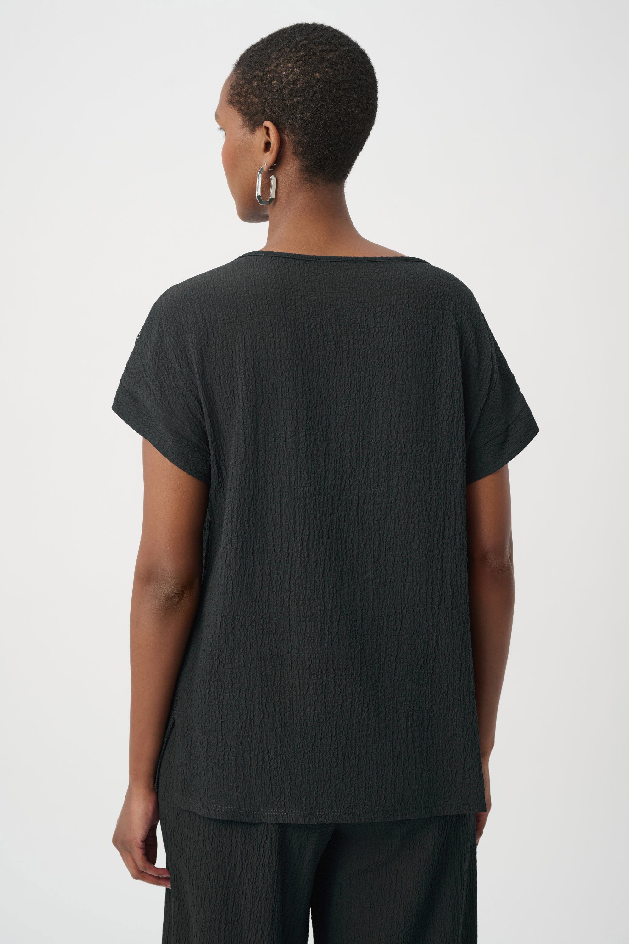 Seersucker and Mesh Boxy Top With Boat Neckline (261247)