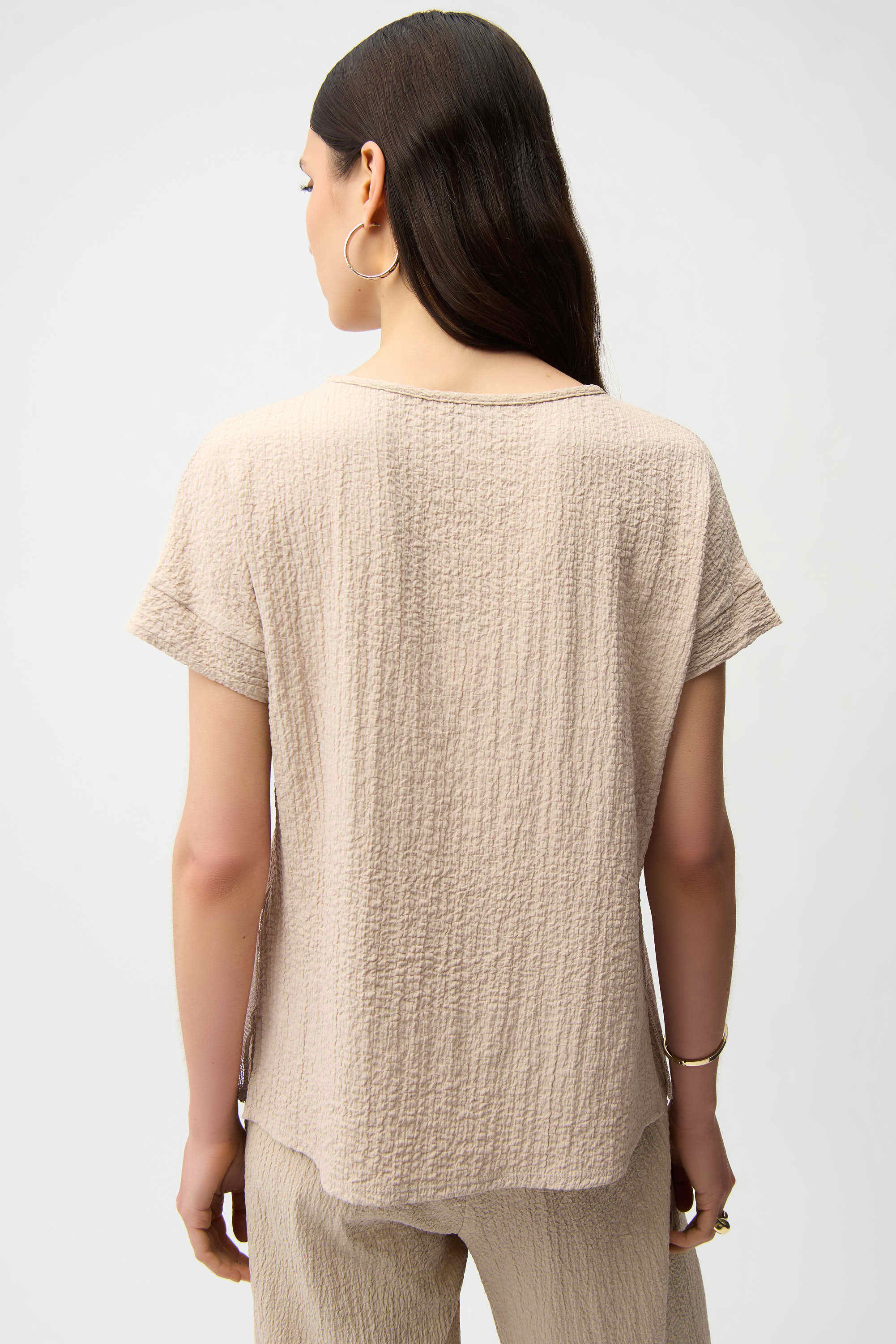 Seersucker and Mesh Boxy Top With Boat Neckline (261247)