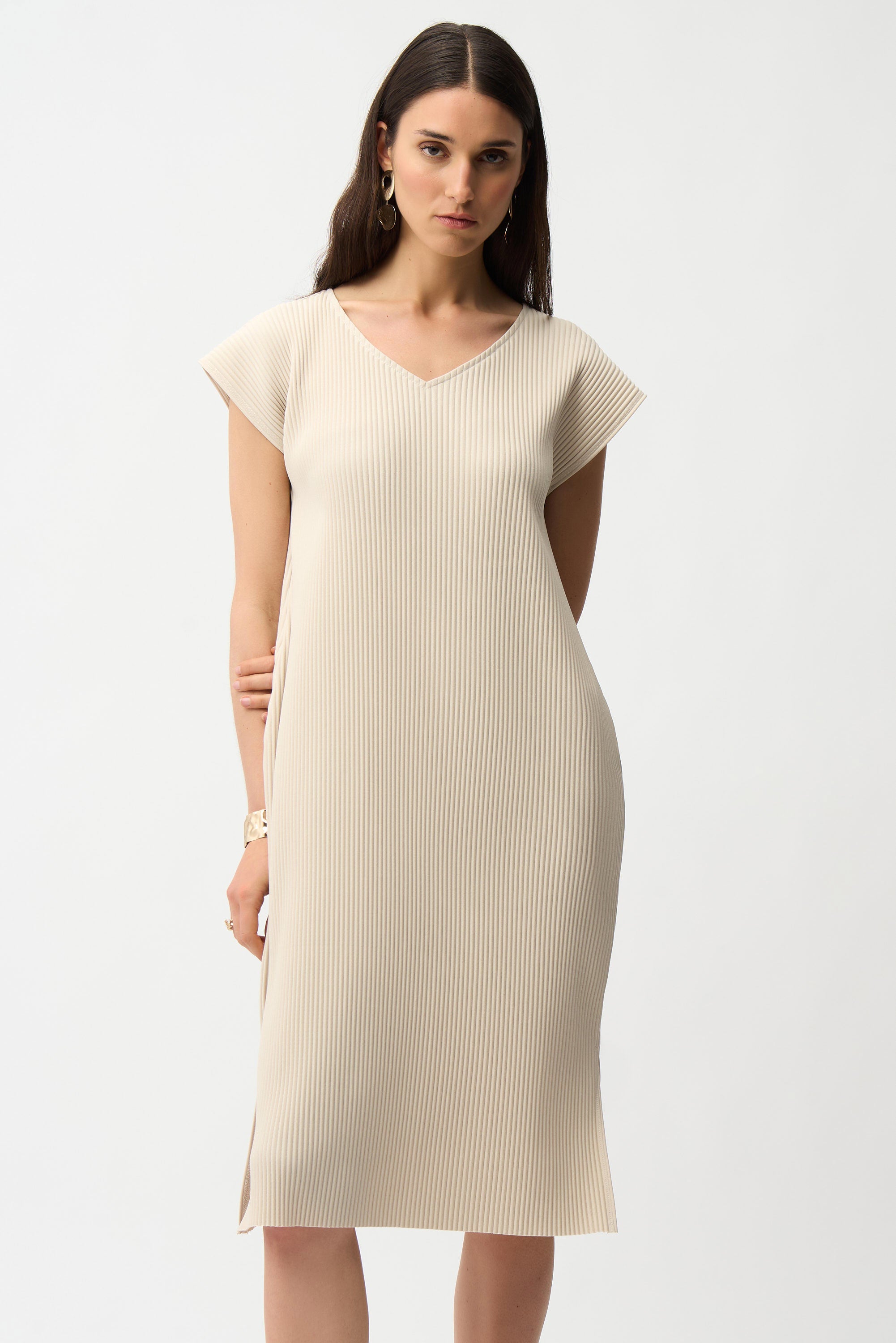 Pleated Scuba Crepe Straight Dress With Pockets (261252)