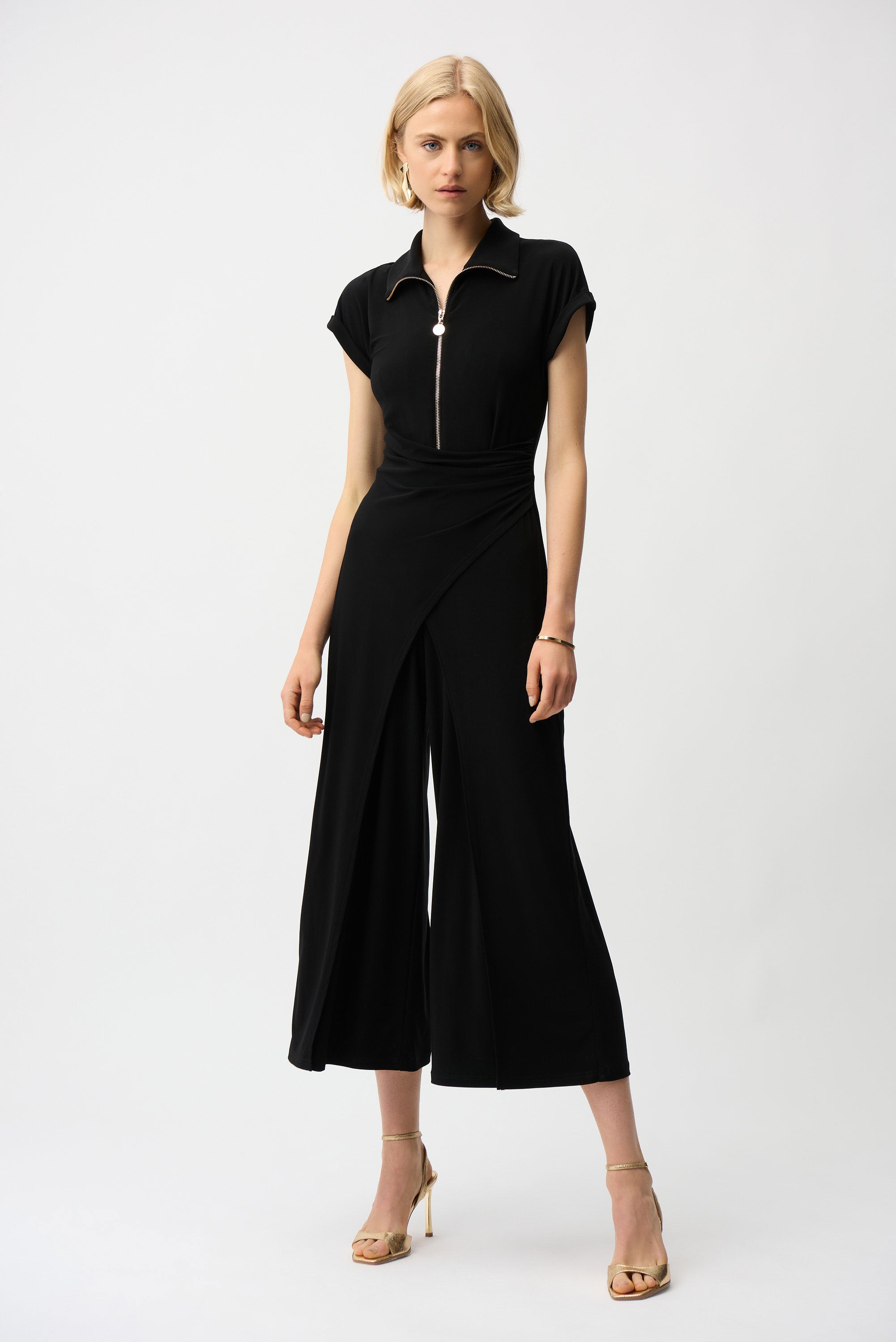 Silky Knit Culotte Jumpsuit With Gold Zipper (261255)