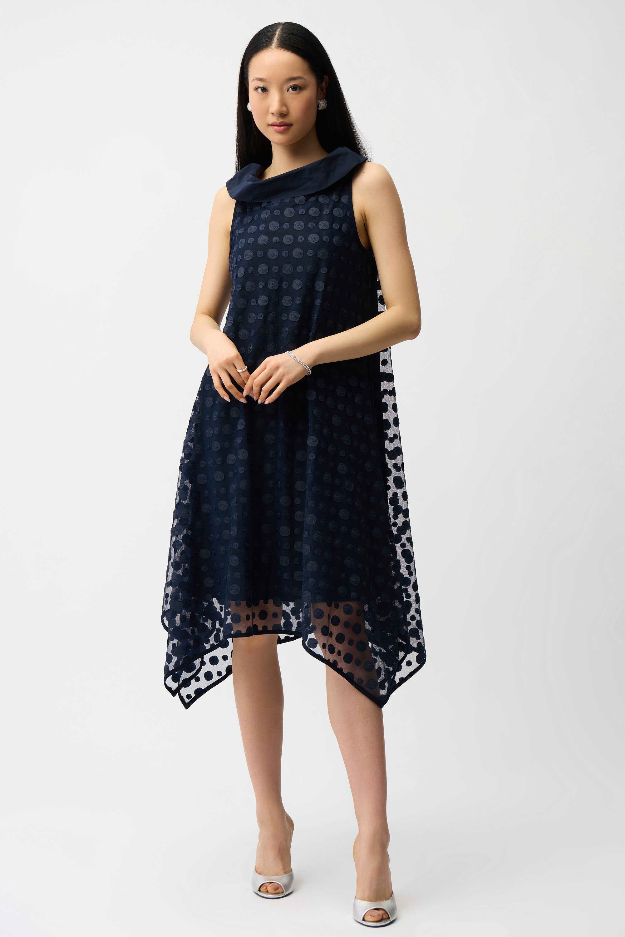 Dot Embroidered Mesh Handkerchief Dress With Cowl Collar (261299)