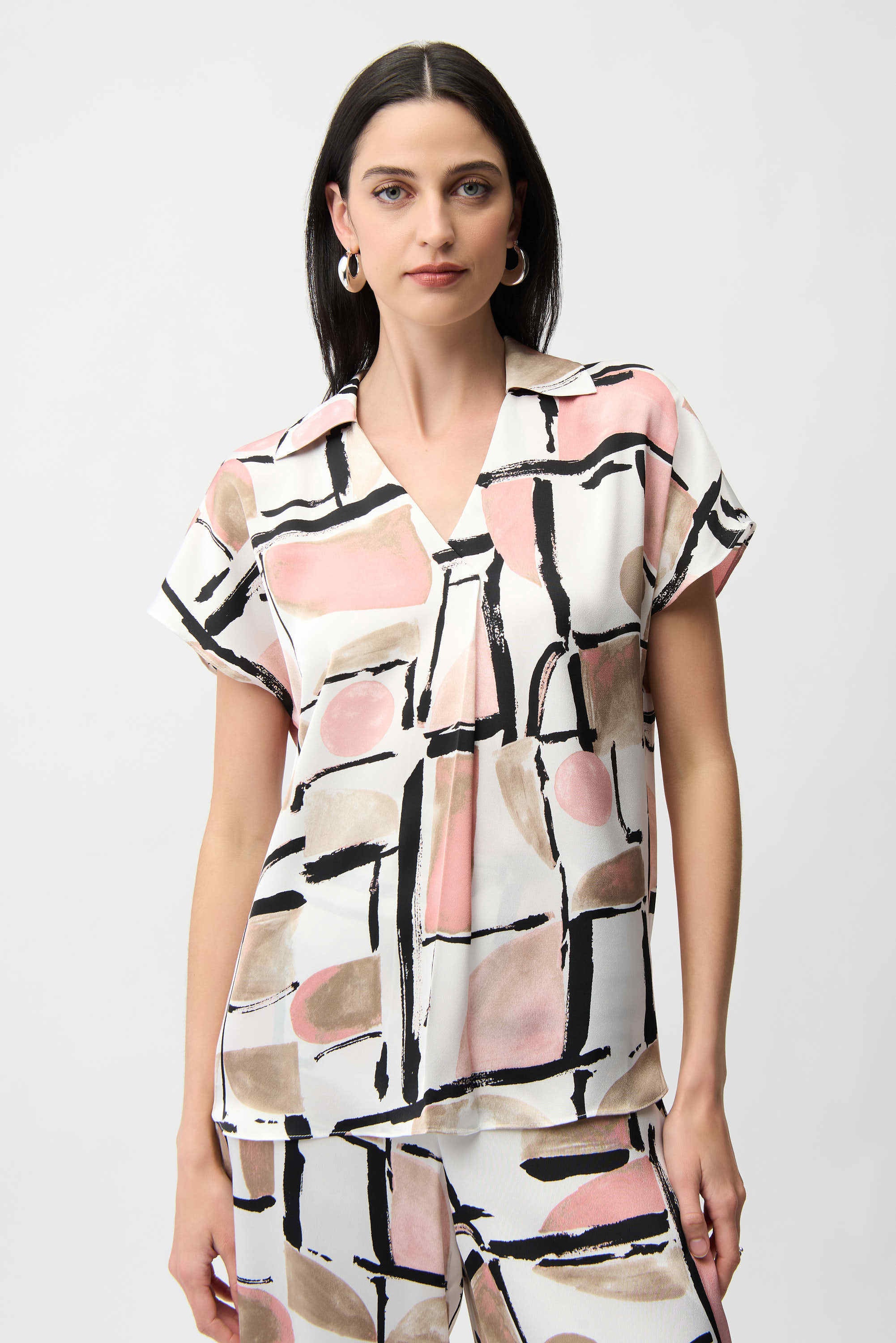 Recycled Satin Abstract Print Boxy Top With V-neckline (261308)