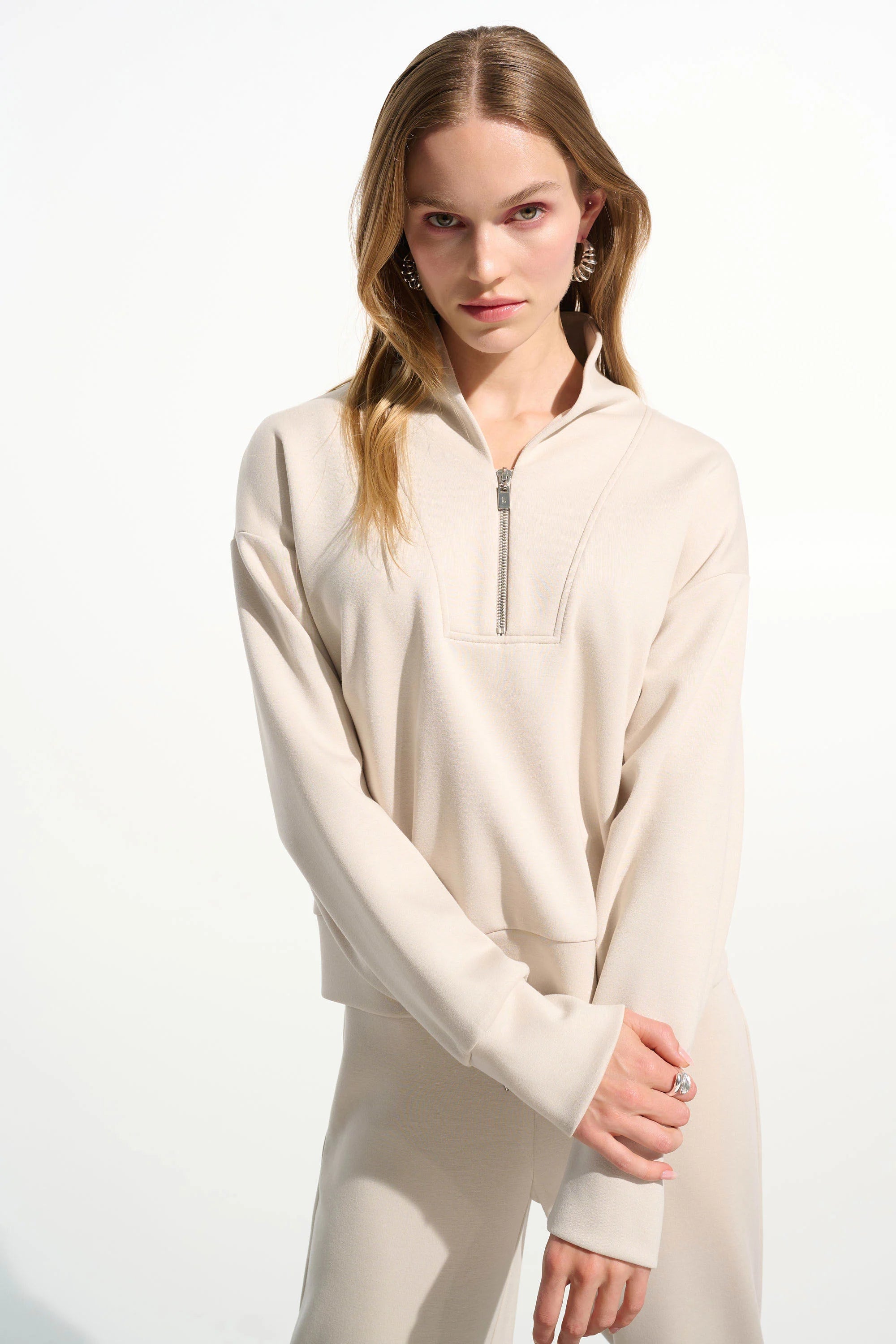 Scuba Jersey Boxy Sweatshirt With High Collar and Front Zipper (261610)