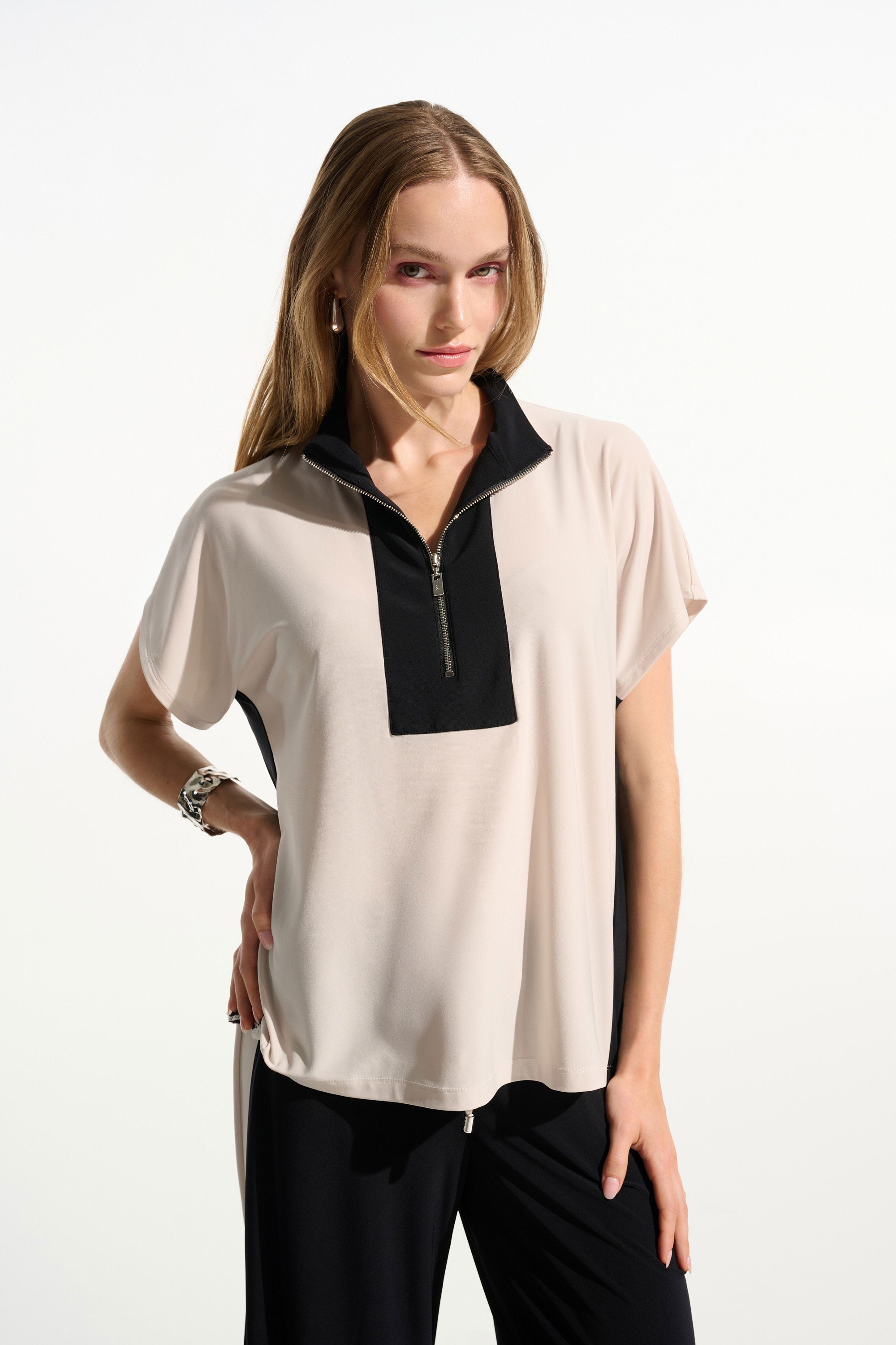 Silky Knit Color Block Straight Top With Zipped Collar (261611)