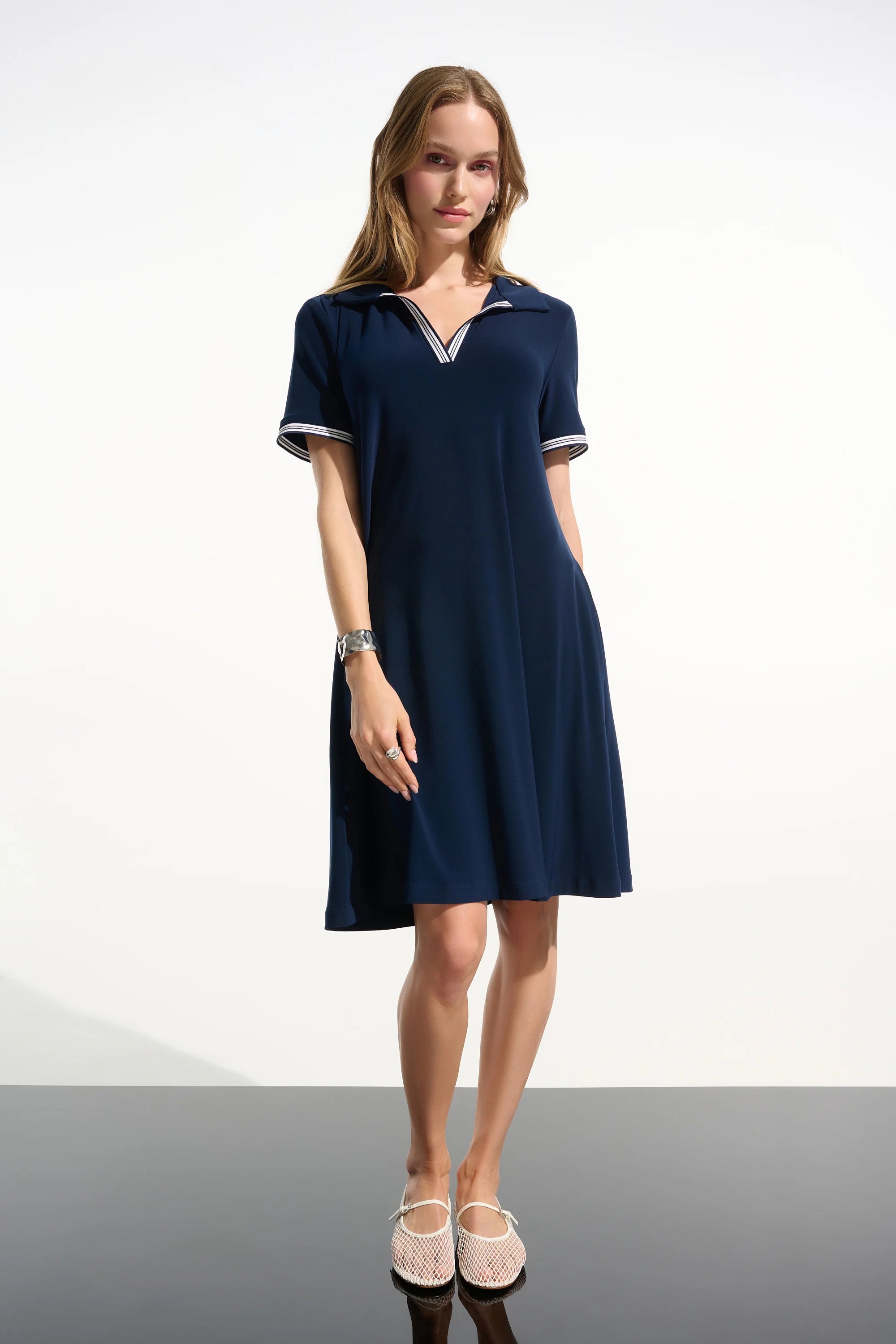 Silky Knit Trapeze Dress With Polo Collar (261614)