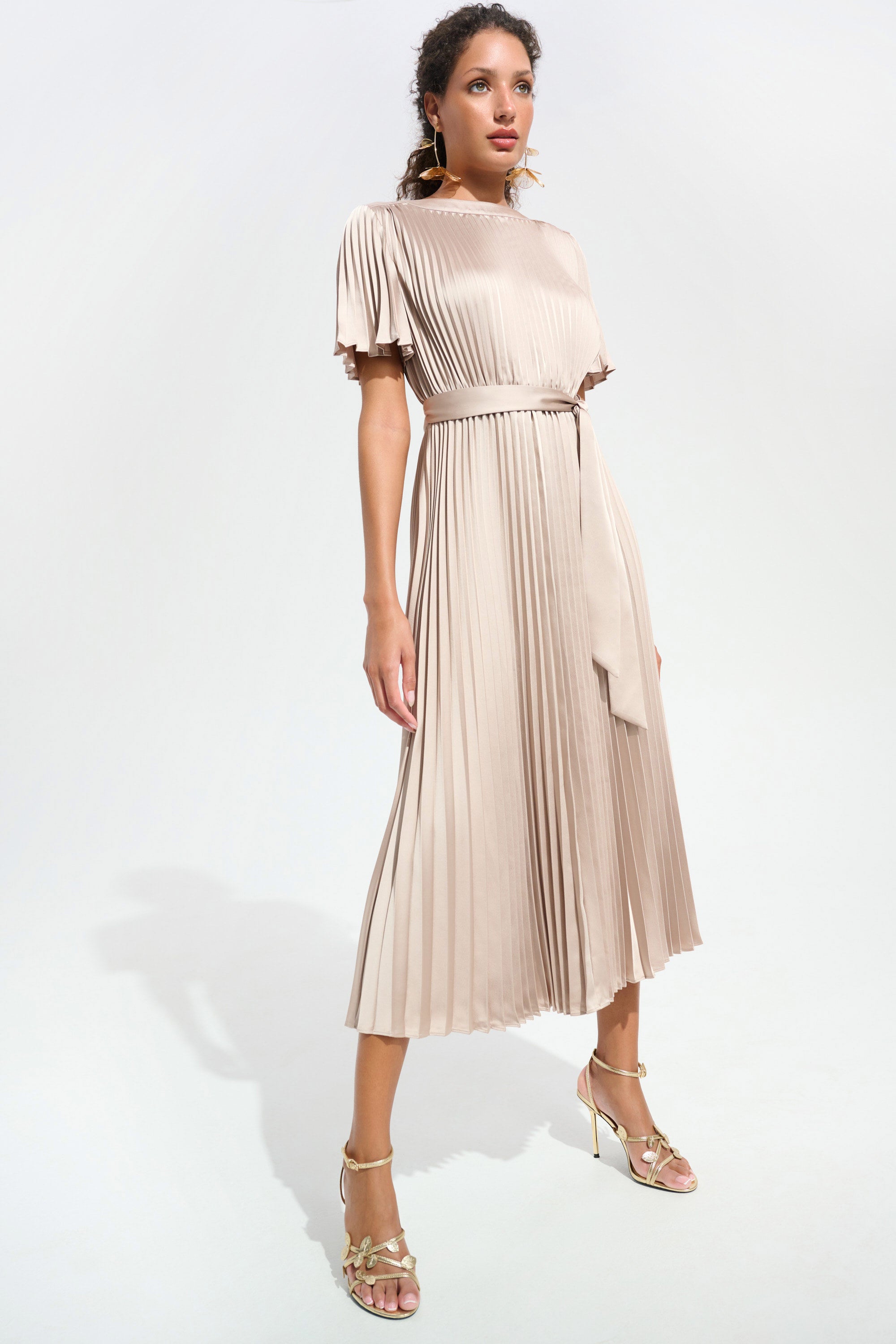 Pleated Satin Fit And Flare Dress With Sash Belt (261752)