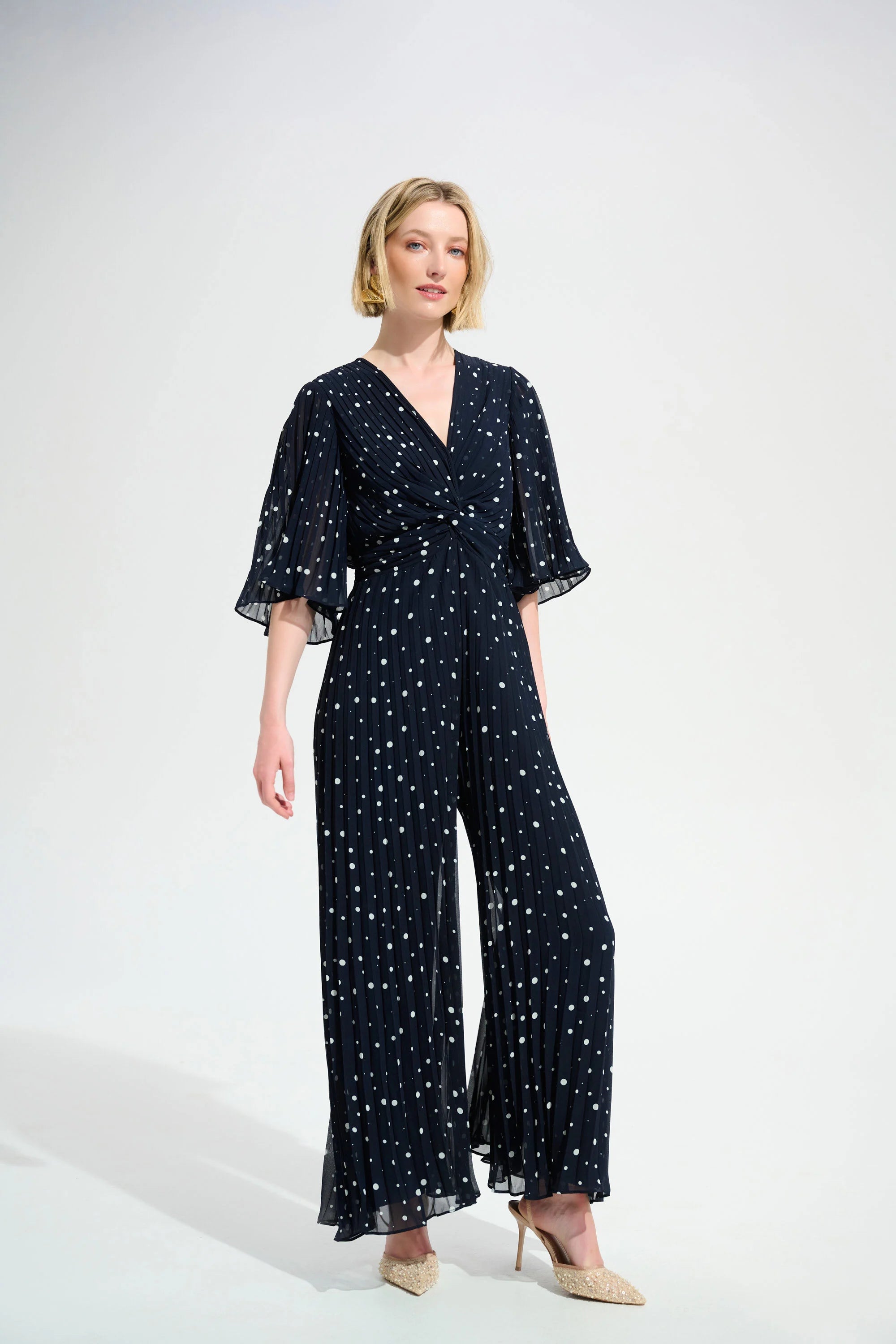 Pleated Chiffon Dot Print Wide Leg Jumpsuit With Knot Detail (261756)