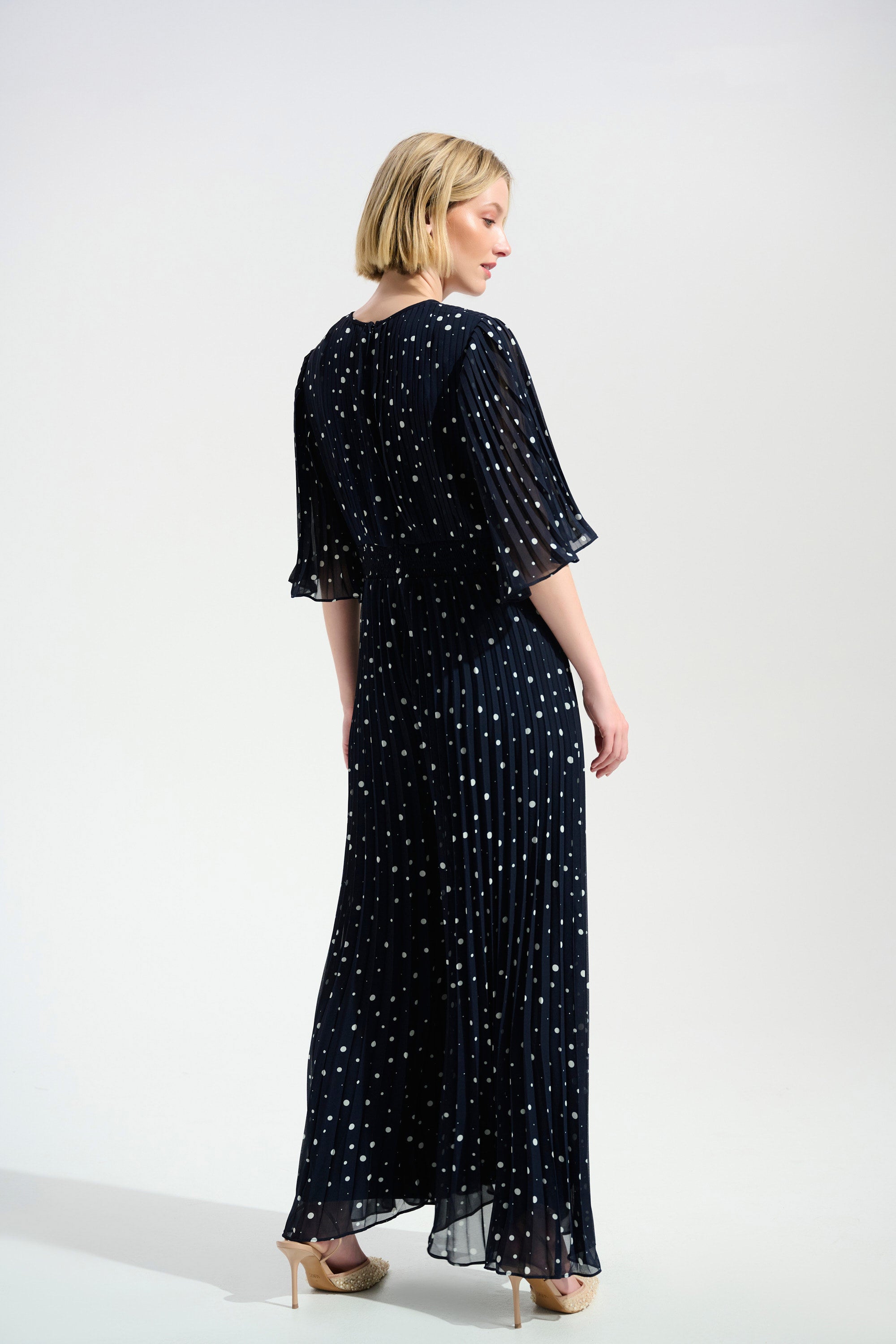 Pleated Chiffon Dot Print Wide Leg Jumpsuit With Knot Detail (261756)