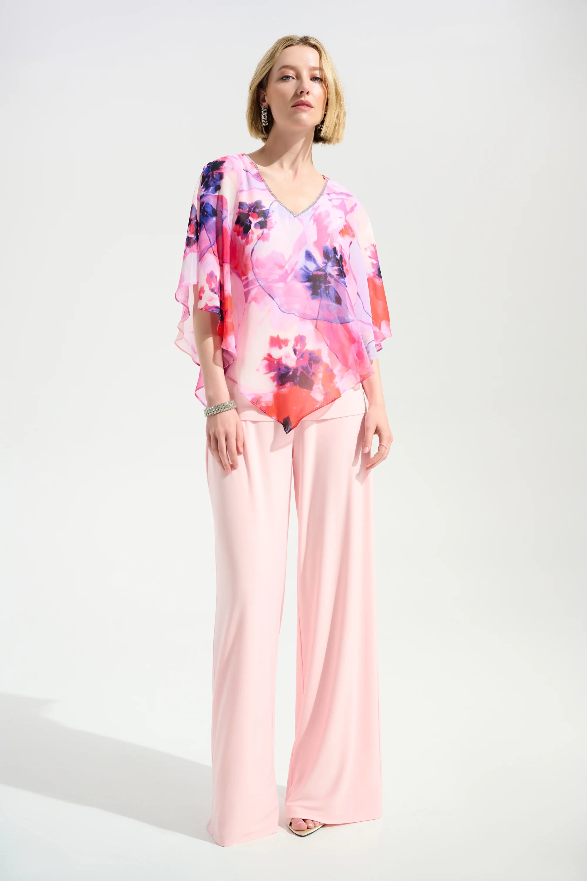 Silky Knit Floral Print Poncho With Chiffon Layer (JR1160)