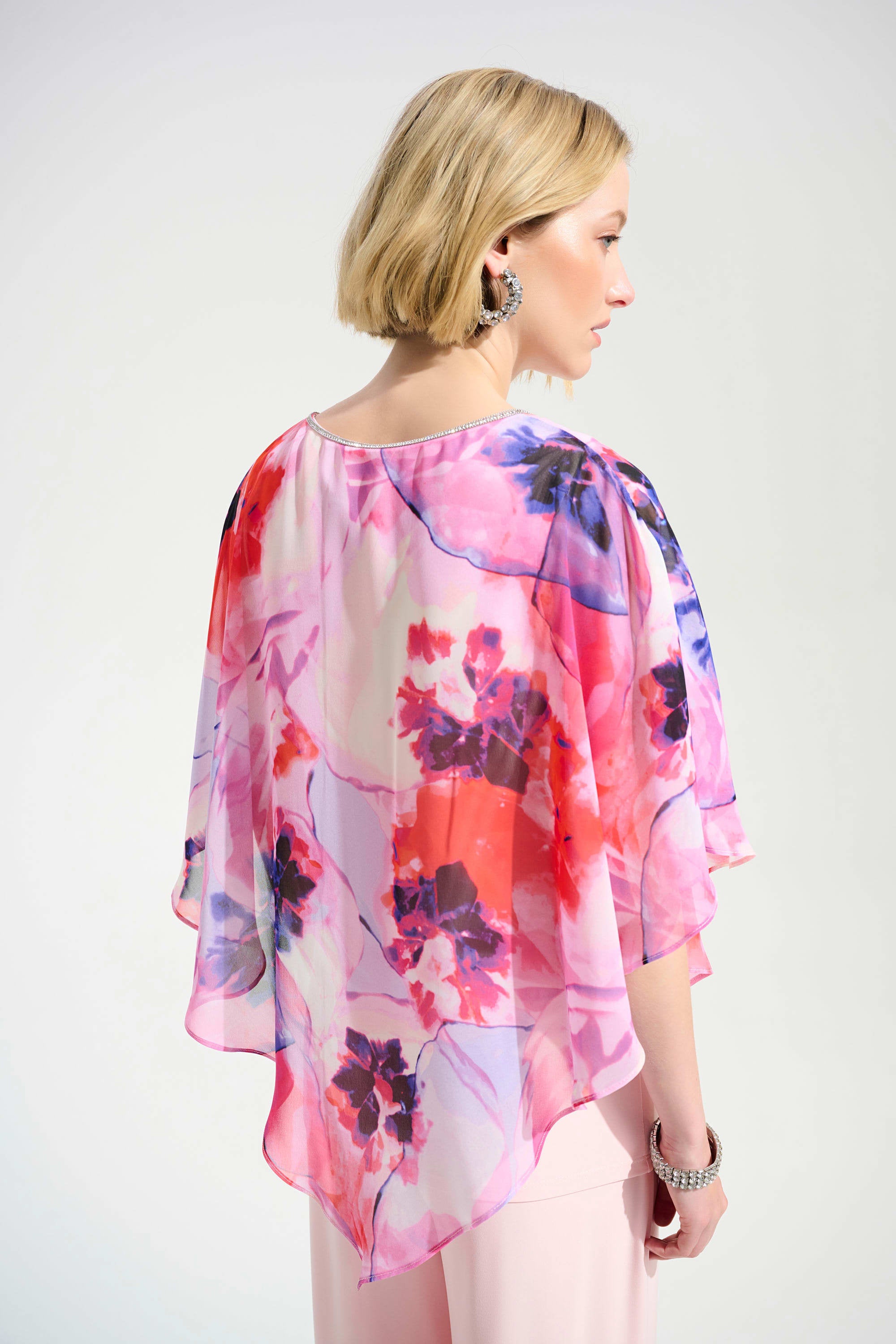 Silky Knit Floral Print Poncho With Chiffon Layer (JR1160)