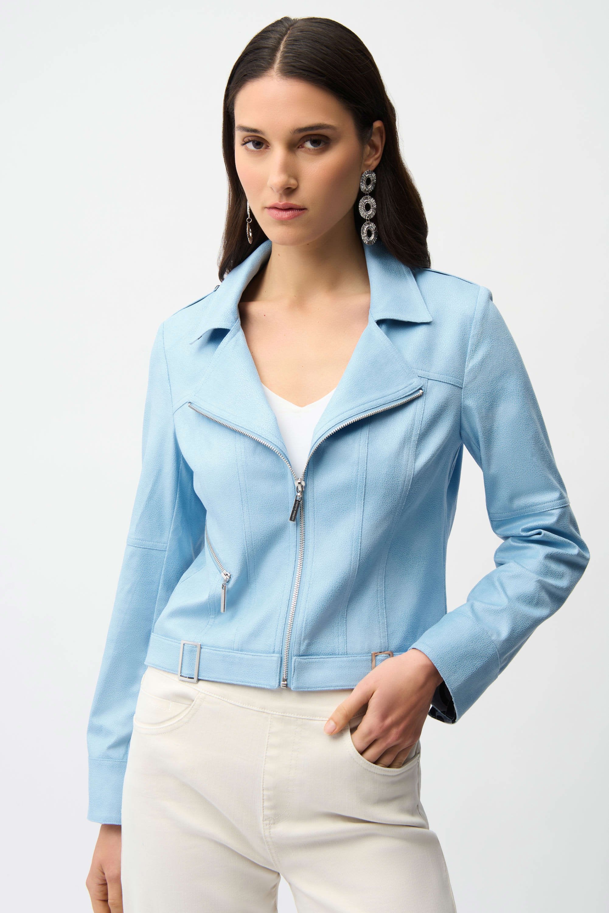 Foiled Faux Suede Fitted Jacket with Decorative Buckles (261910)