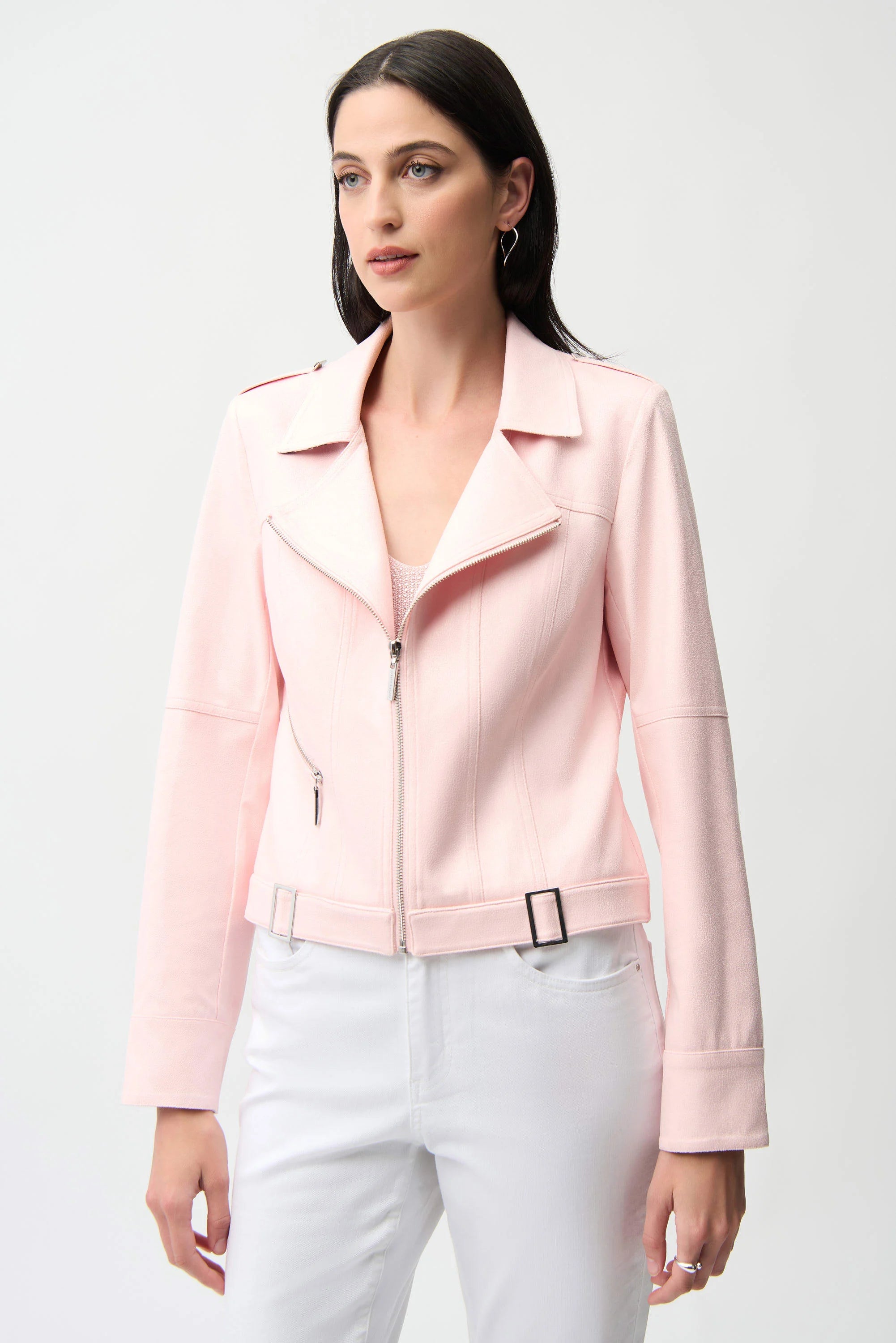 Foiled Faux Suede Fitted Jacket with Decorative Buckles (261910)