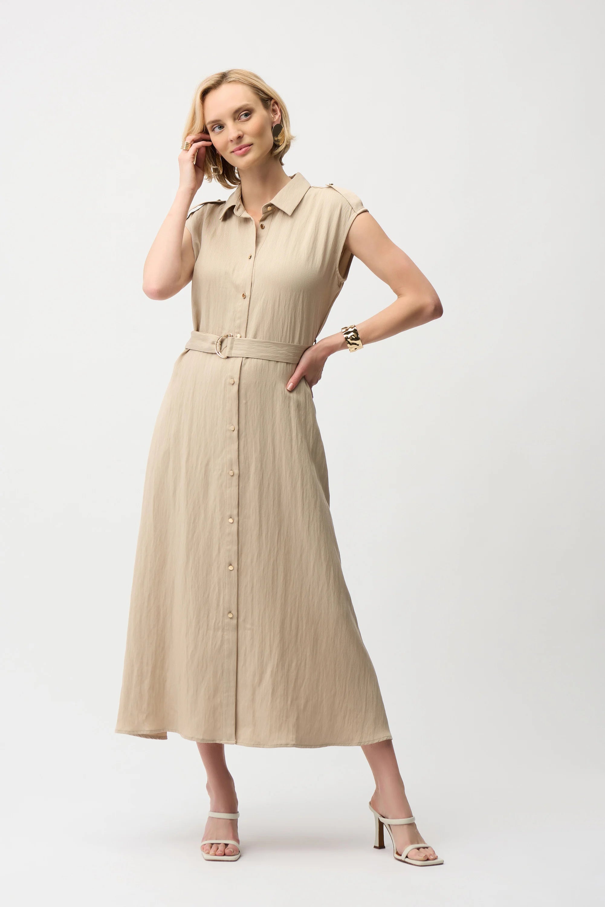 Textured Woven Shirt Dress with Sash (261935)