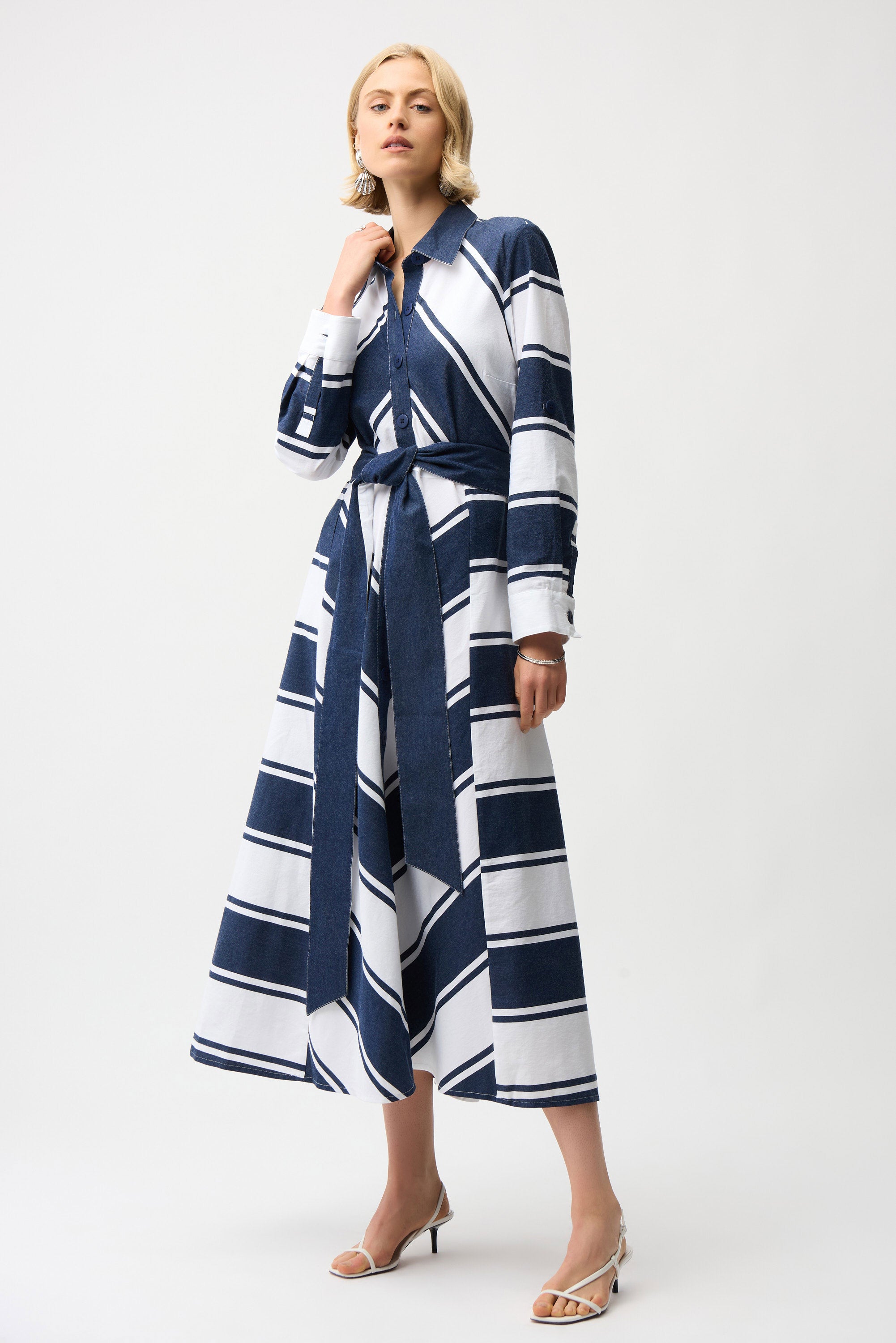 Cotton Stripe Print Fit and Flare Shirt Dress with Reversible Sash (261936)