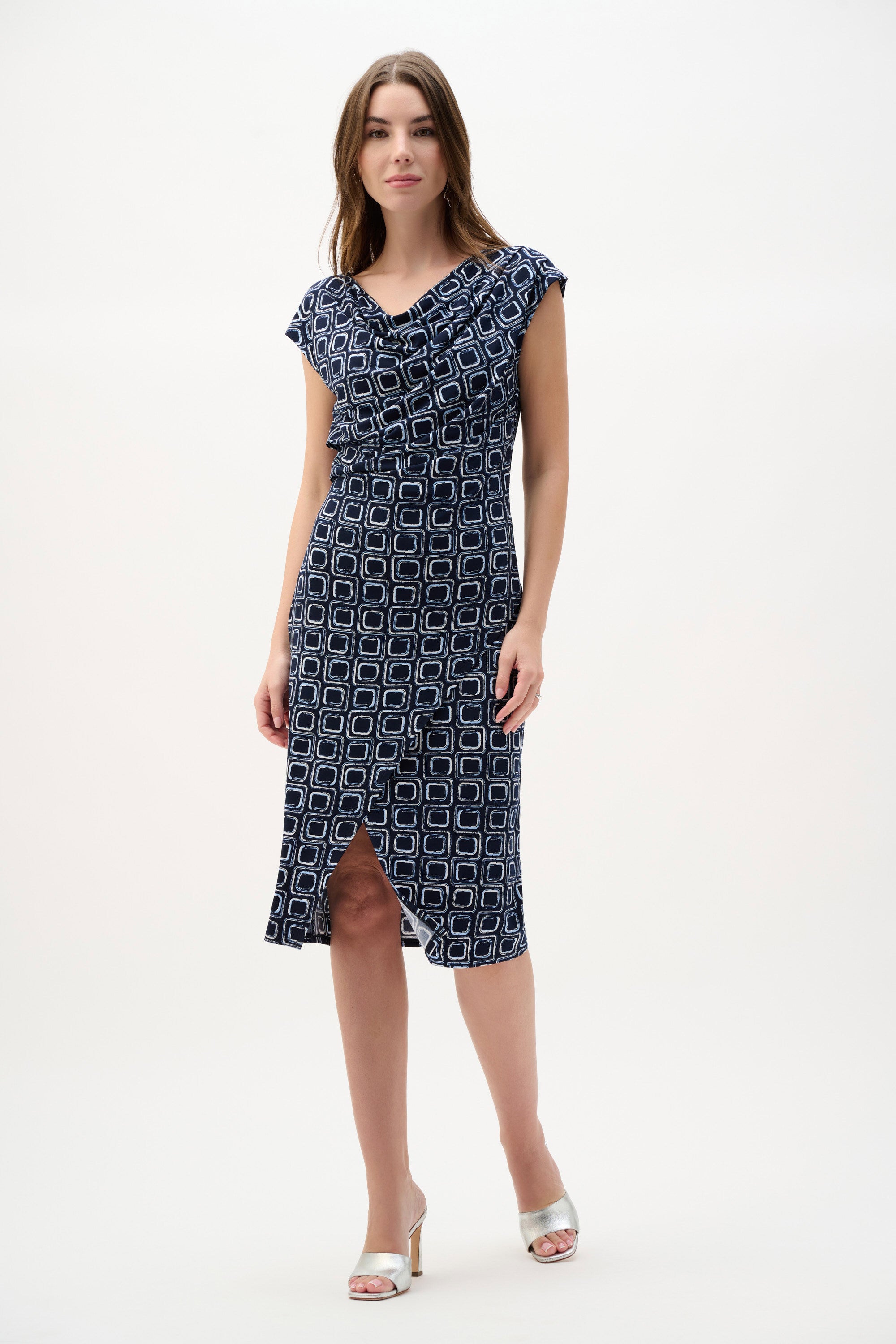 Silky Knit Geometric Print Sheath Wrap Dress (262246)