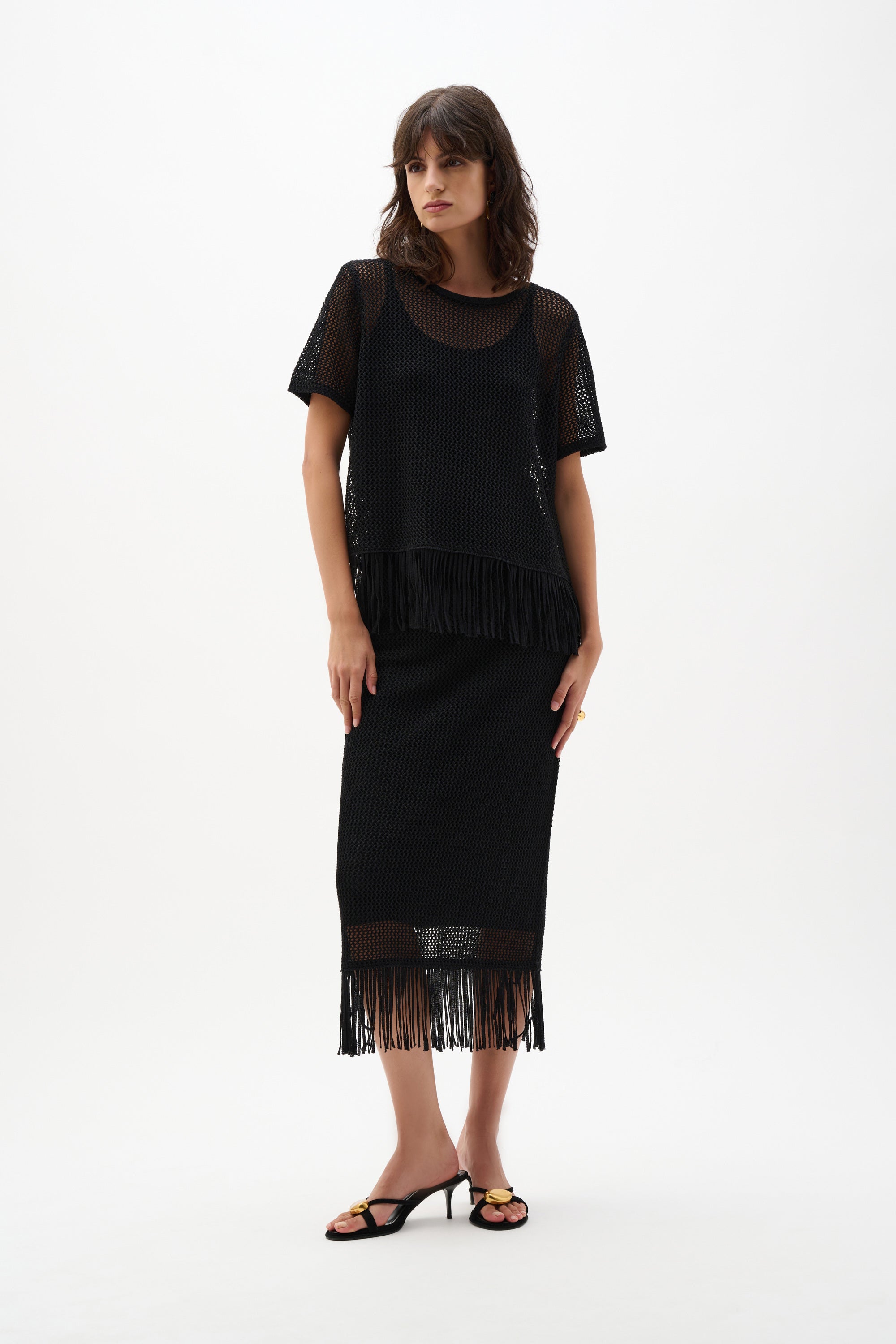 Viscose Sweater Knit Pull-On Skirt With Fringe Trim (262929)