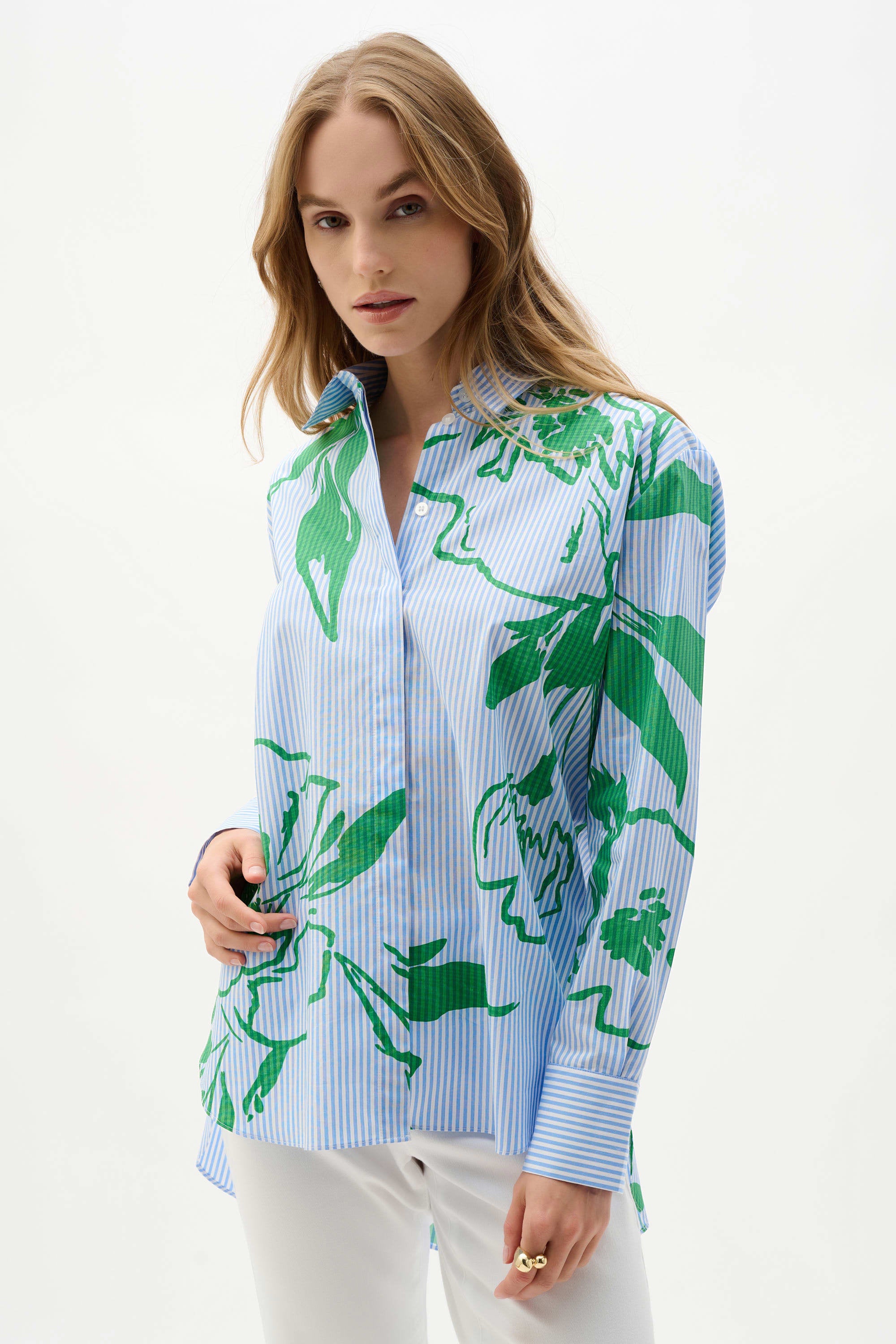 Cotton Stripe Floral Print Boxy Blouse (262951)
