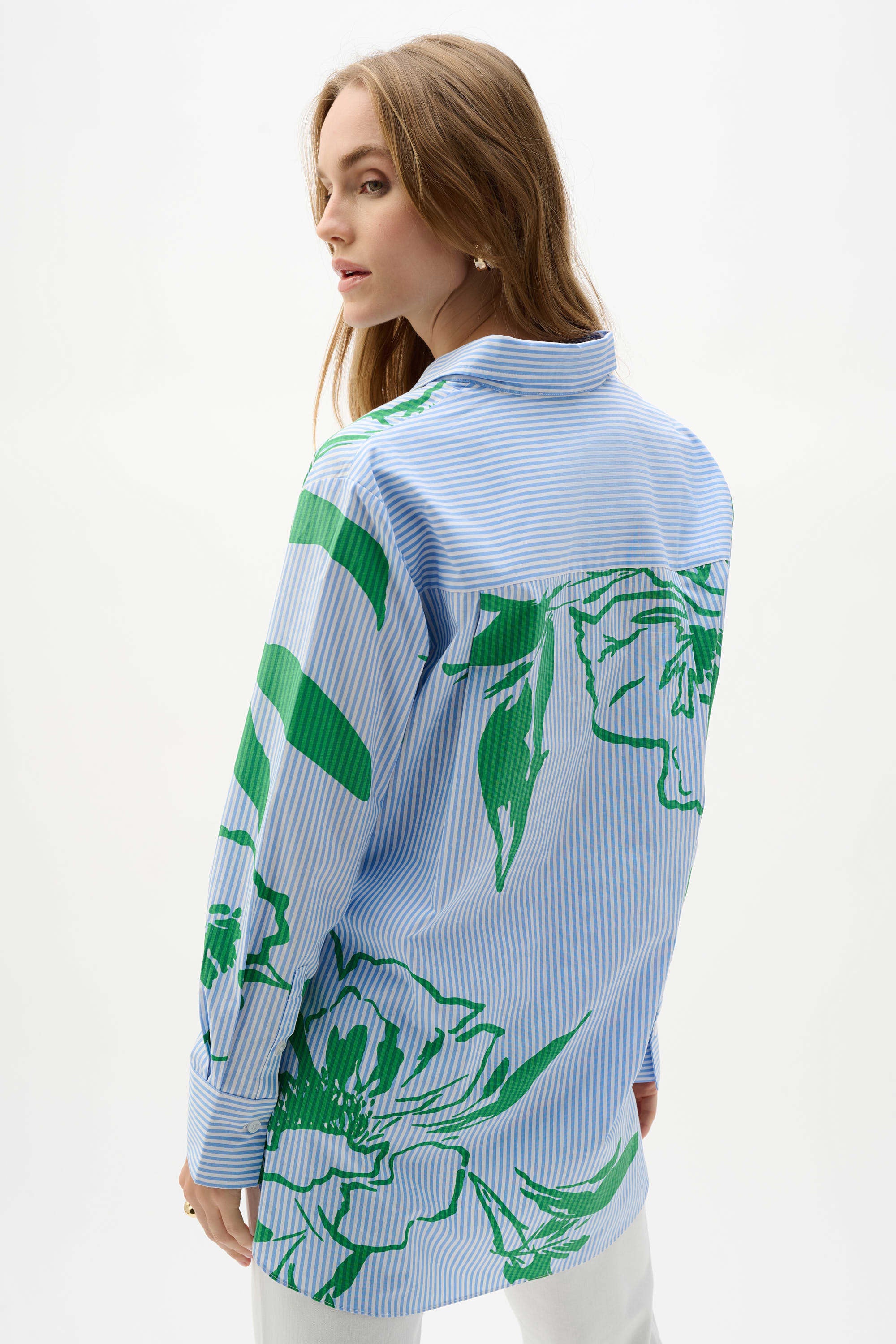 Cotton Stripe Floral Print Boxy Blouse (262951)