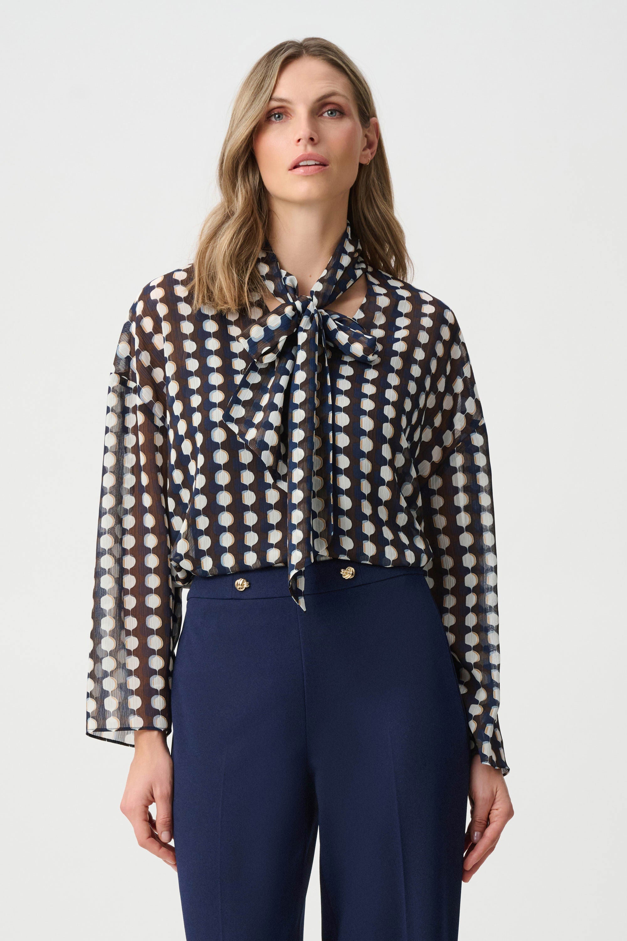 Chiffon Geometric-Print Tie-Neck Blouse (263102)