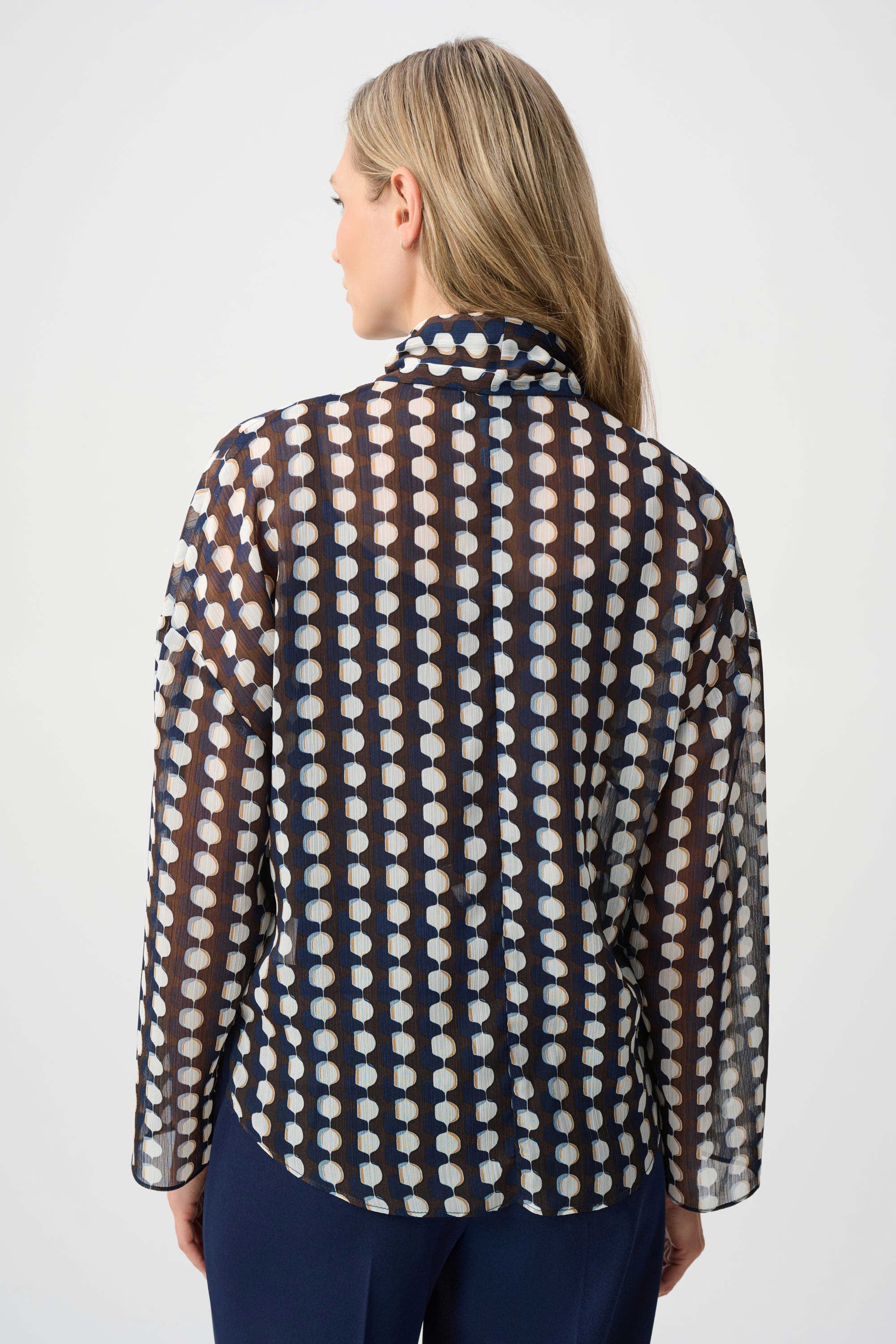 Chiffon Geometric-Print Tie-Neck Blouse (263102)