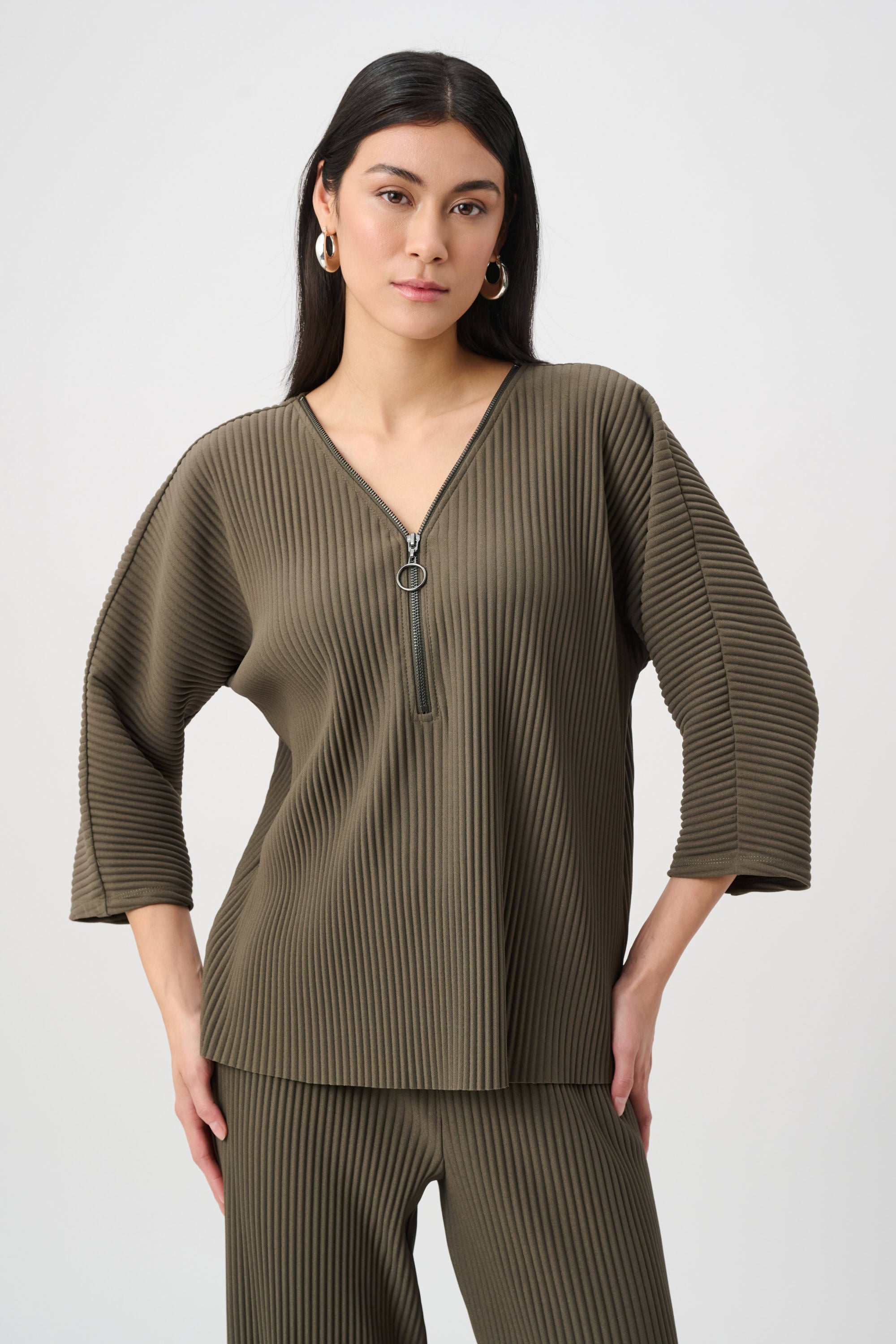 Pleated Scuba Crepe Zipped Neck Top (263123)