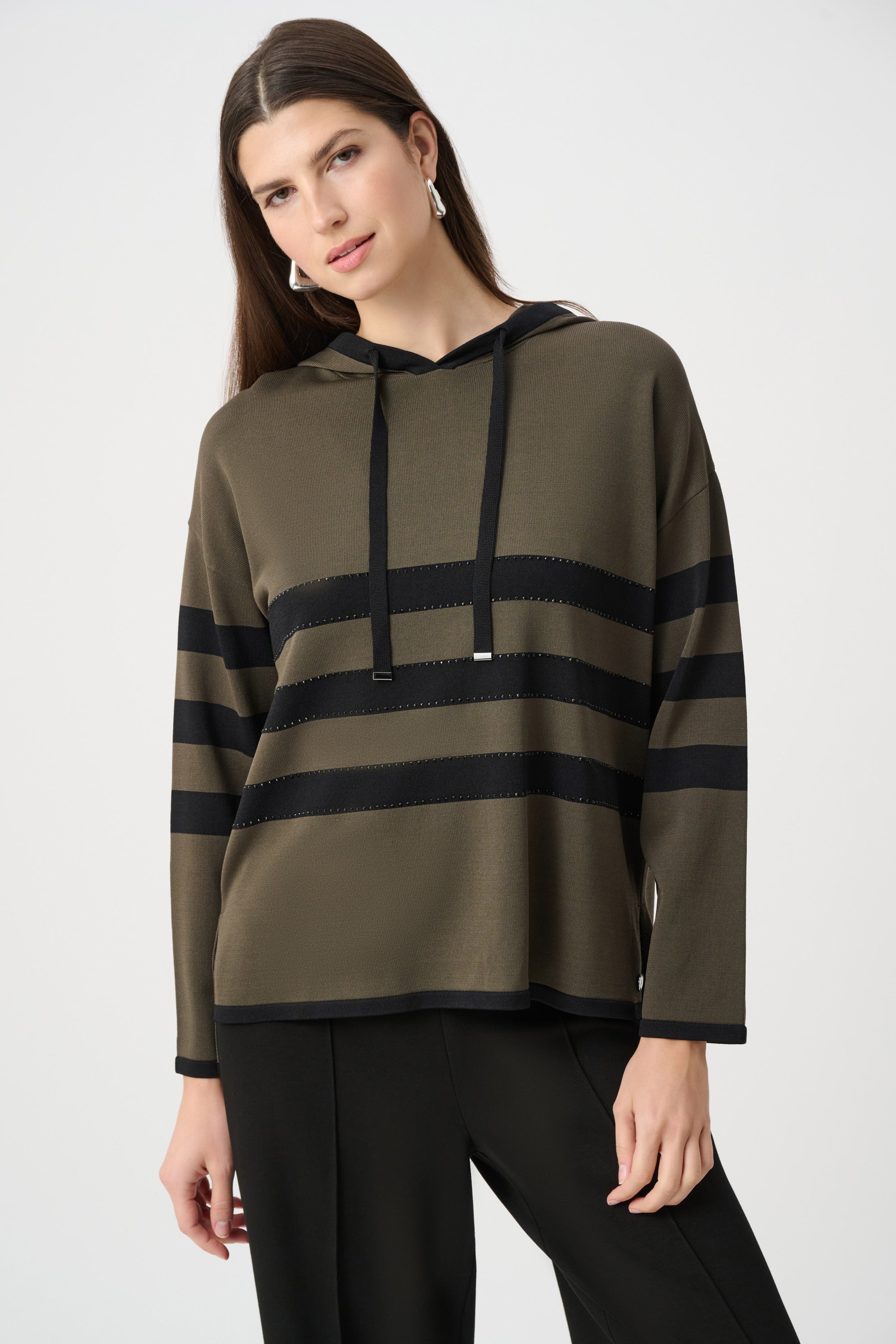 Sweater Knit Striped Hooded Sweater (263626)