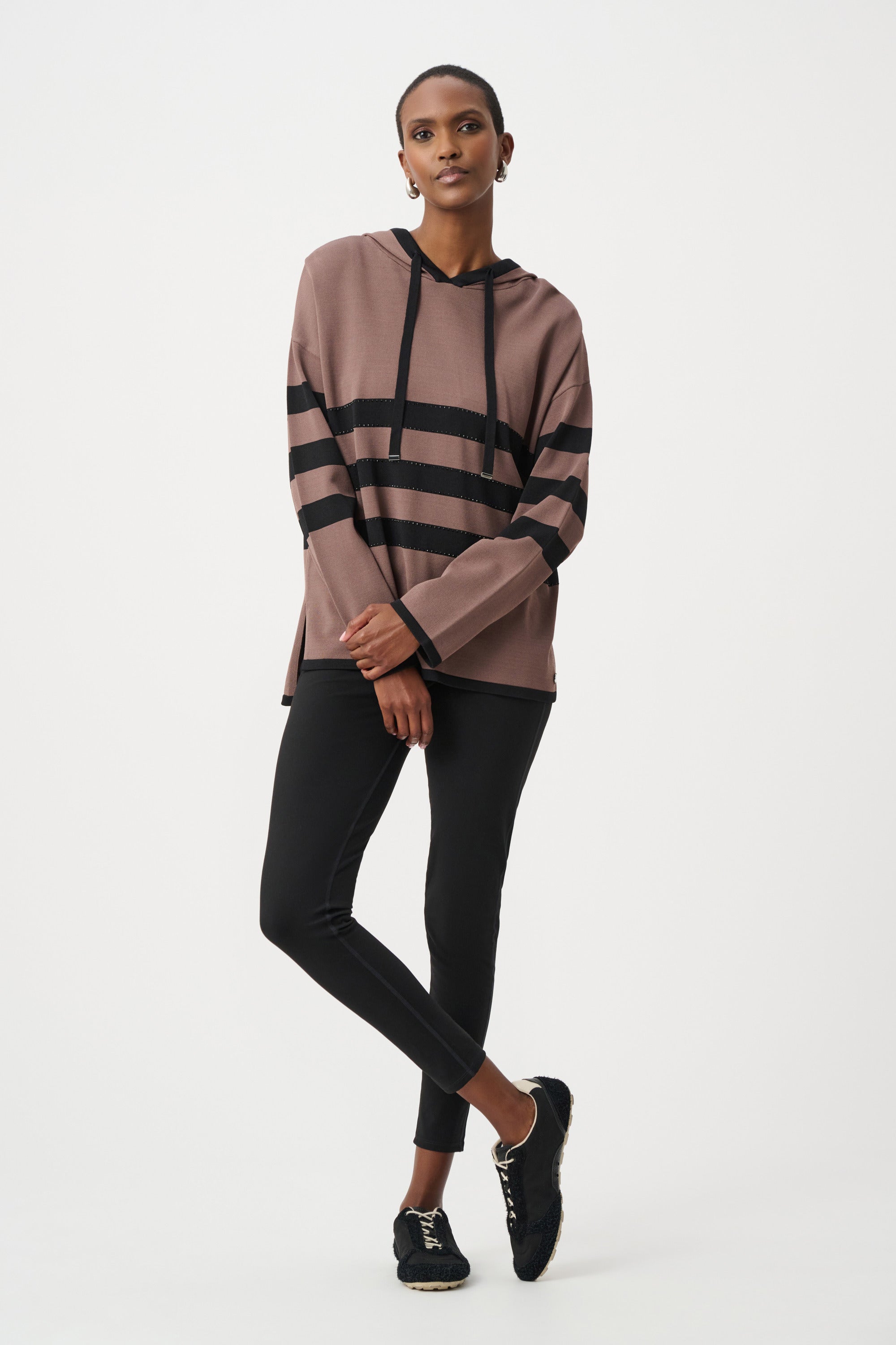 Sweater Knit Striped Hooded Sweater (263626)