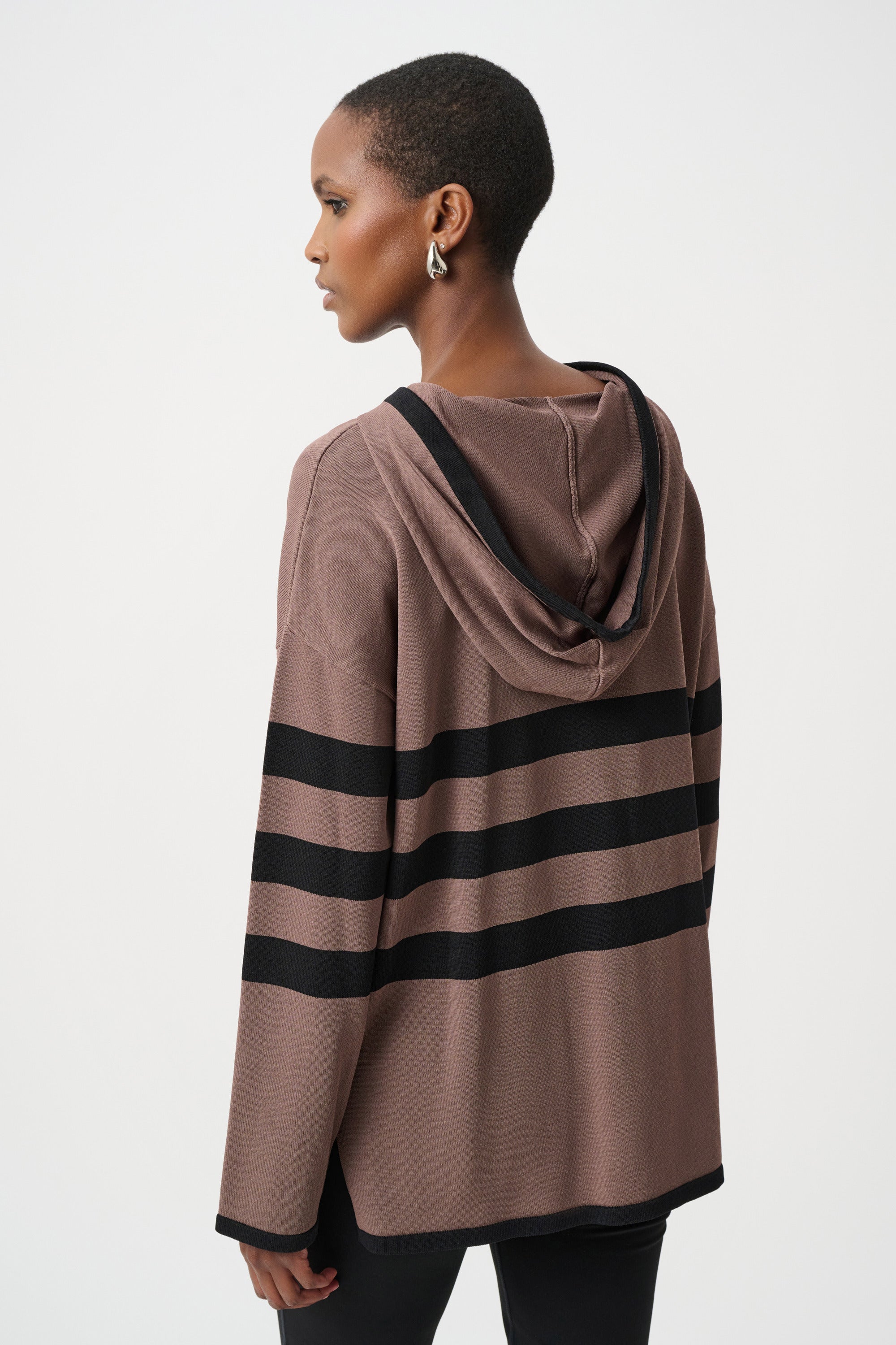 Sweater Knit Striped Hooded Sweater (263626)