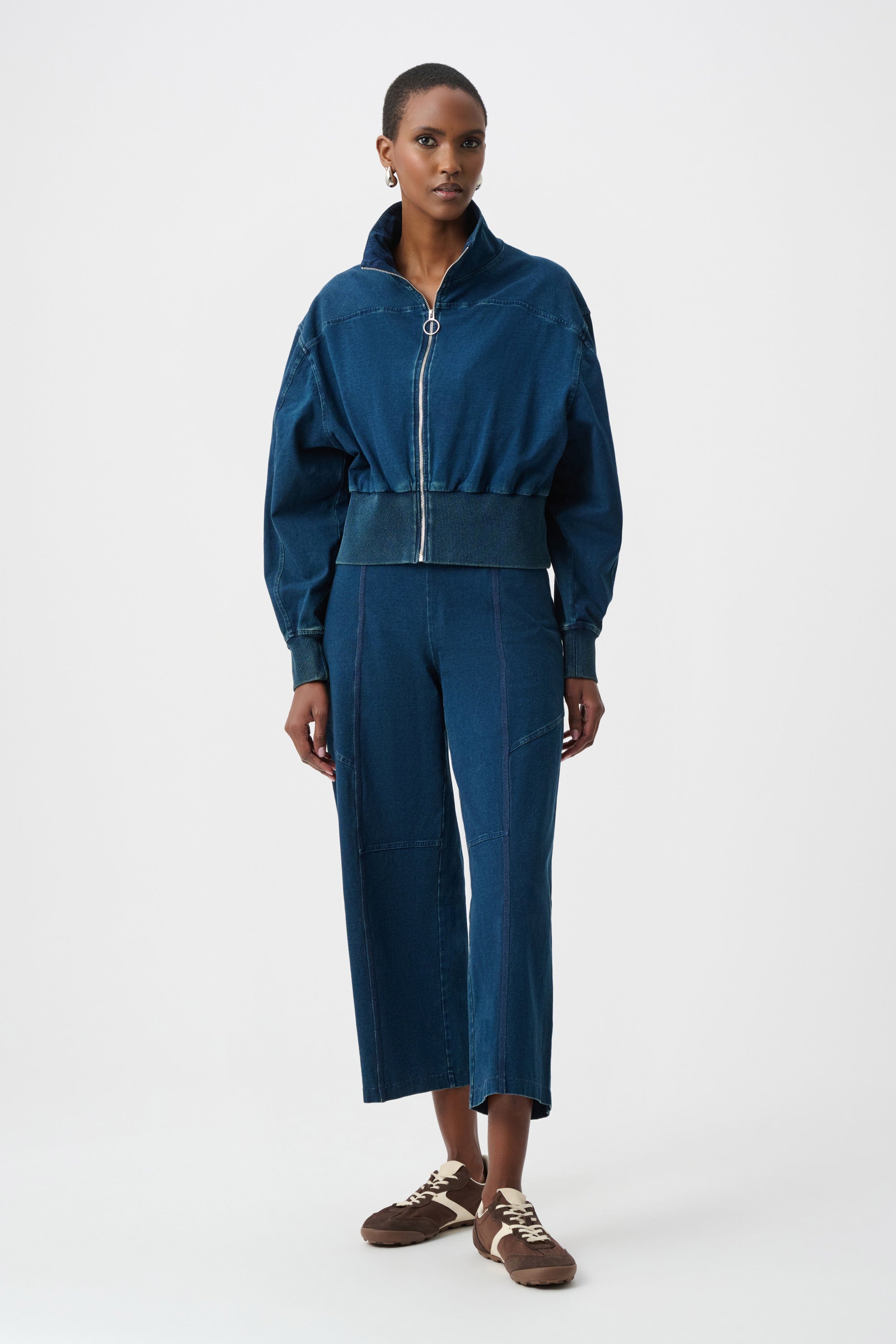 Knit Denim Funnel-Neck Bomber Jacket (263634)