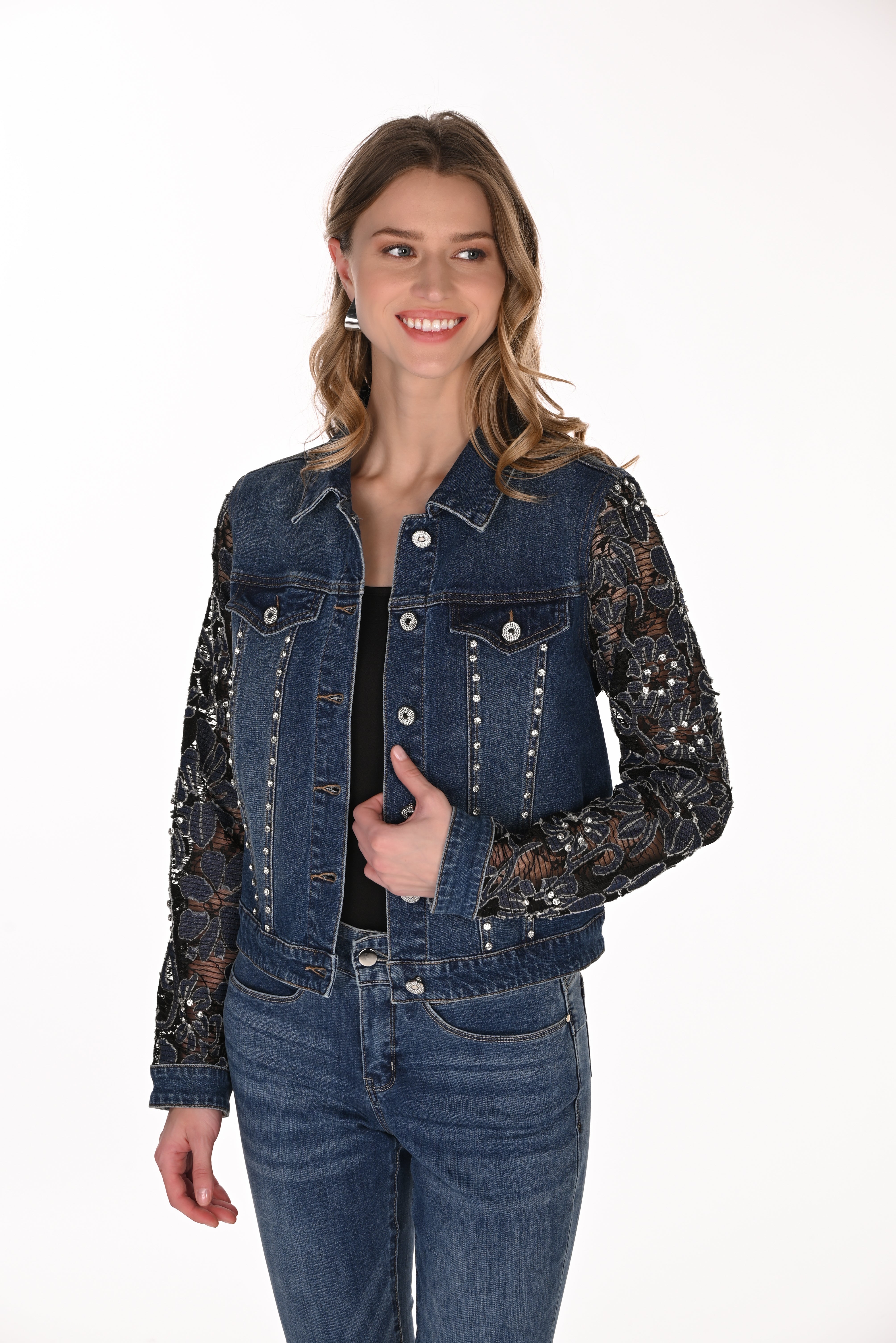 Demin Jacket with Lace Cut Out Sleeves (263706)