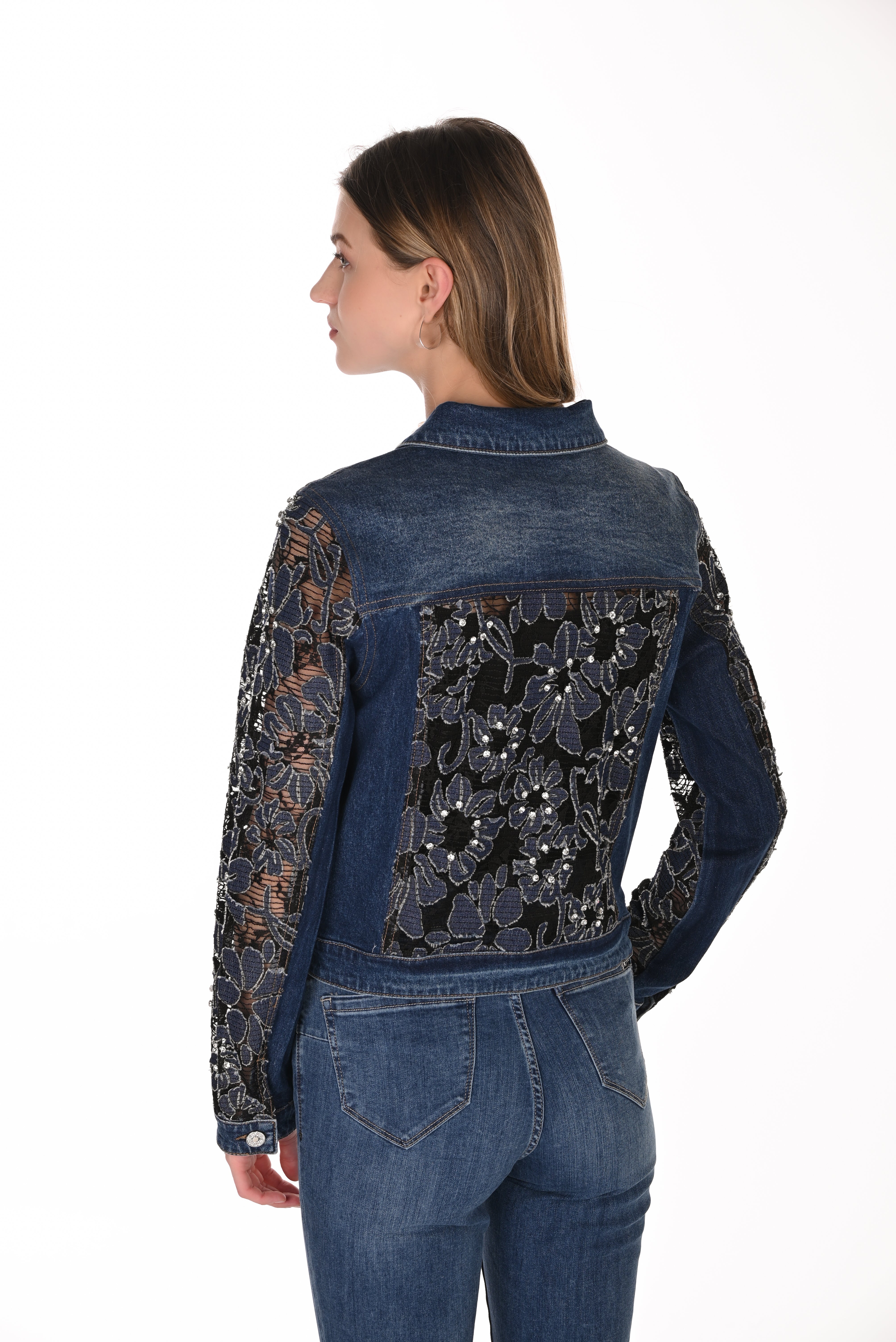 Demin Jacket with Lace Cut Out Sleeves (263706)
