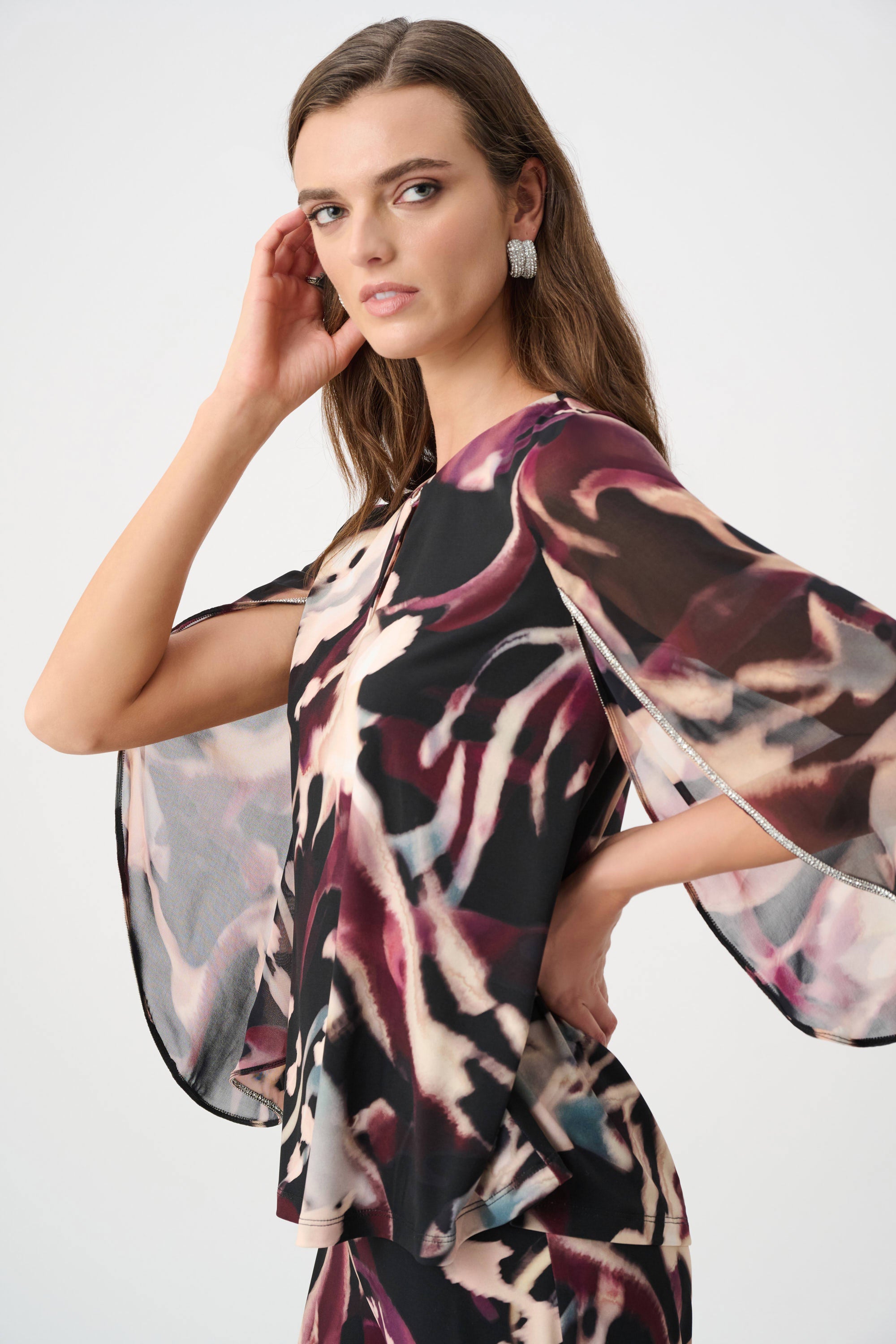 Silky Knit And Chiffon Abstract Print Top With Rhinestone Trim (JR1167)